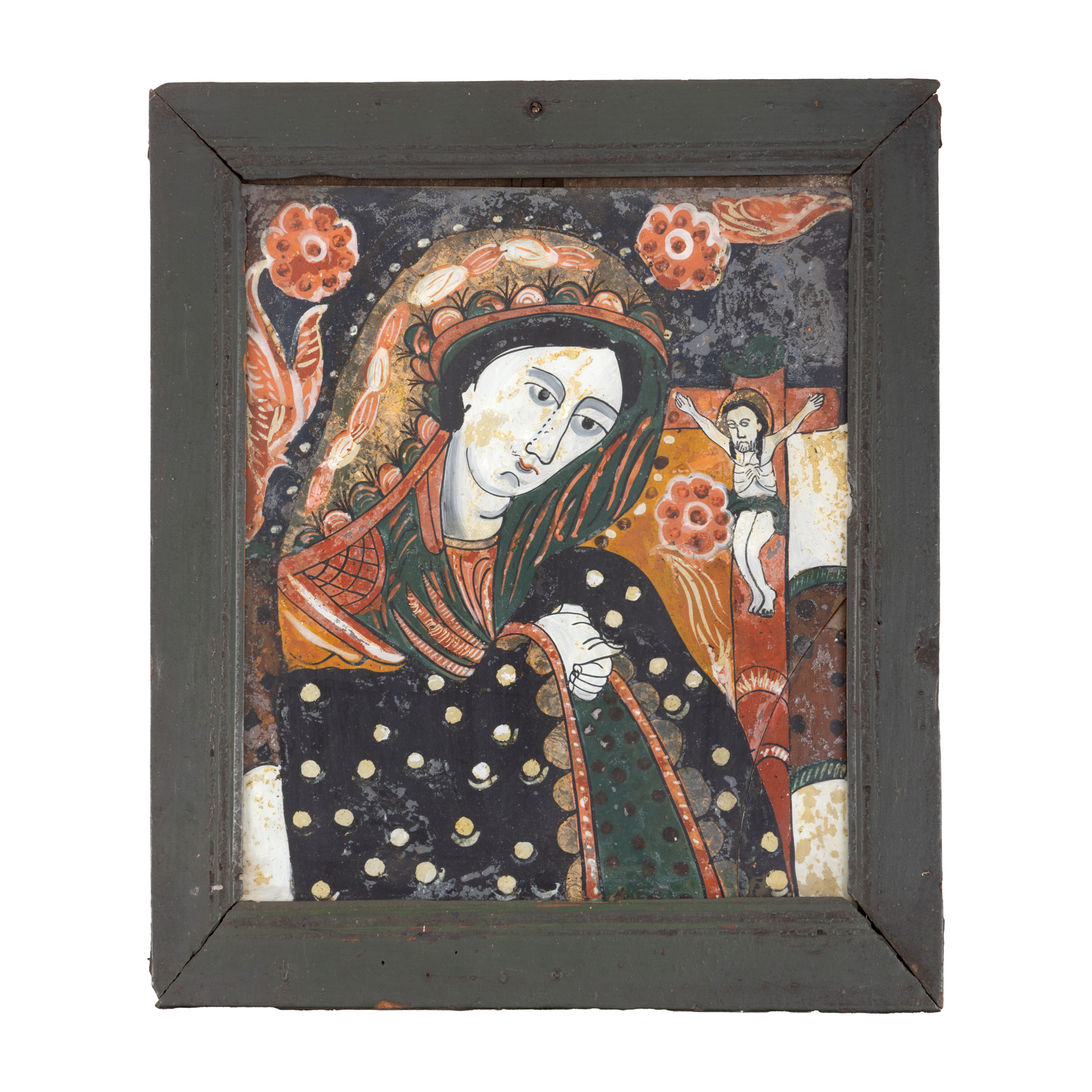 Icoană pe glajă, ”Maica Domnului Îndurerată”, atelier din Țara Bârsei, a doua jumătate a sec. XIX, provine din colecția avocatului Constantin Vișinescu