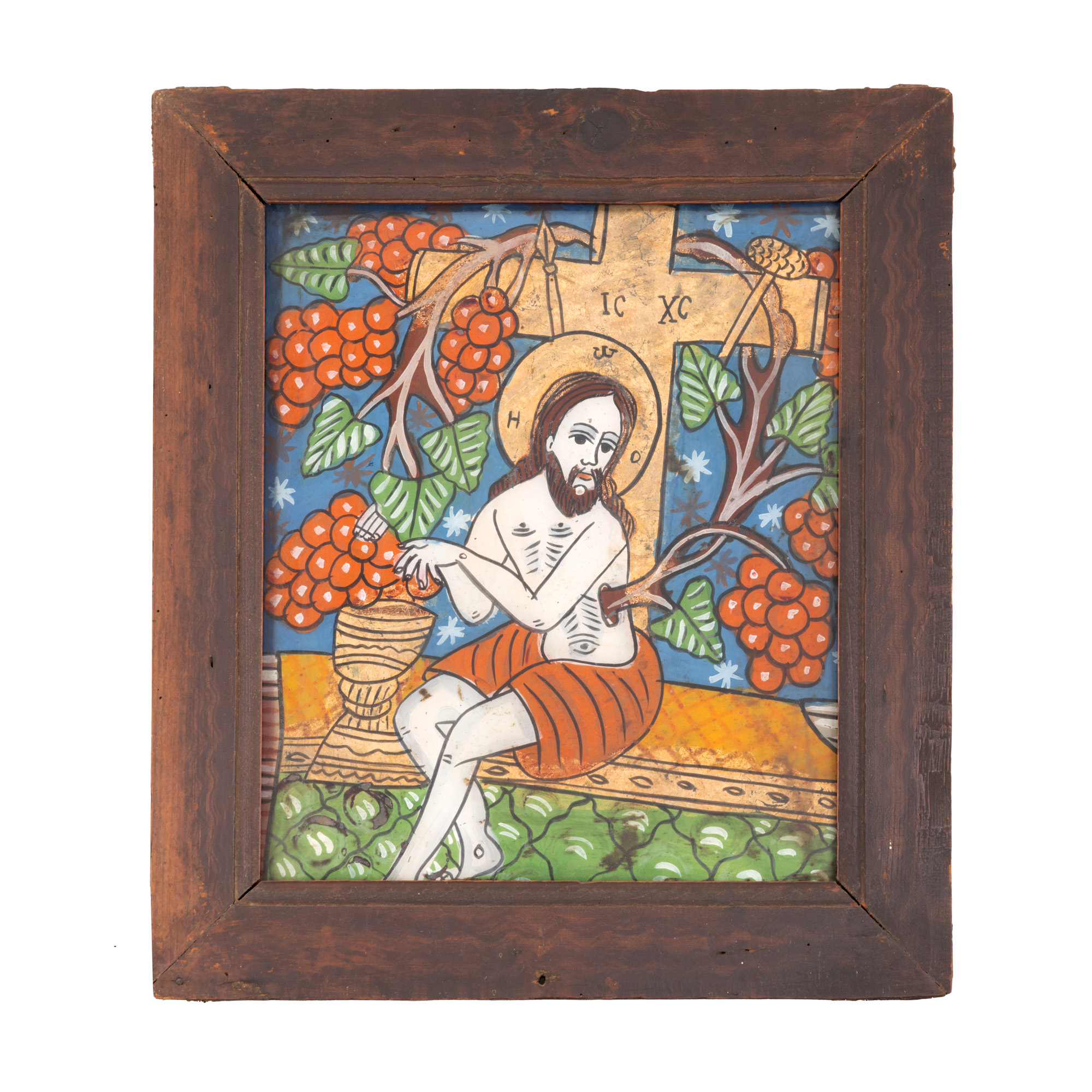 Icoană pe glajă, ”Iisus Vița cea adevărată”, atelier din Șcheii Brașovului, a doua jumătate a sec. XIX, provine din colecția avocatului Constantin Vișinescu