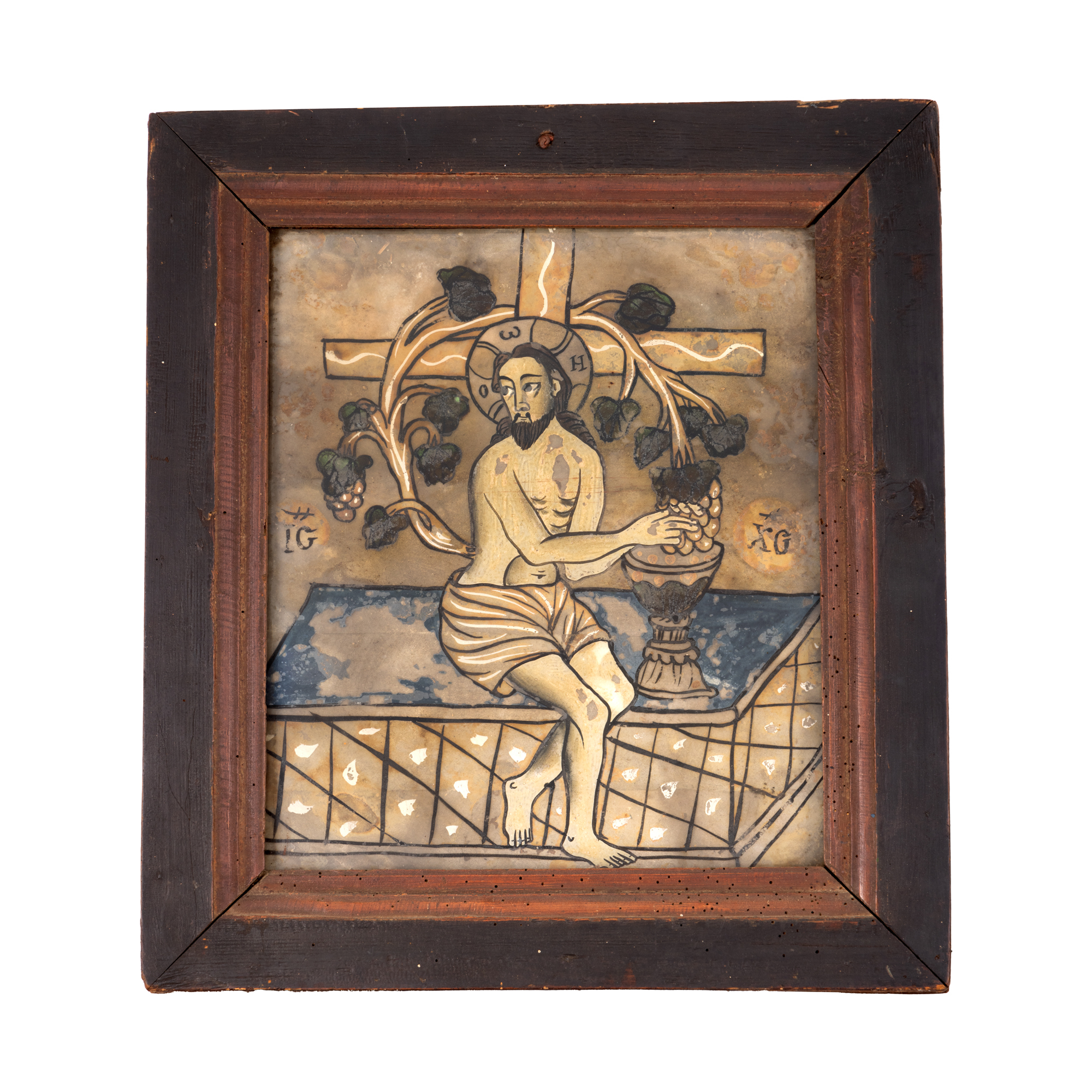 Icoană pe glajă, ”Iisus Vița cea adevărată”, zugrav Ioan Pop, Făgăraș, prima jumătate a sec. XIX, raritate, provine din colecția avocatului Constantin Vișinescu