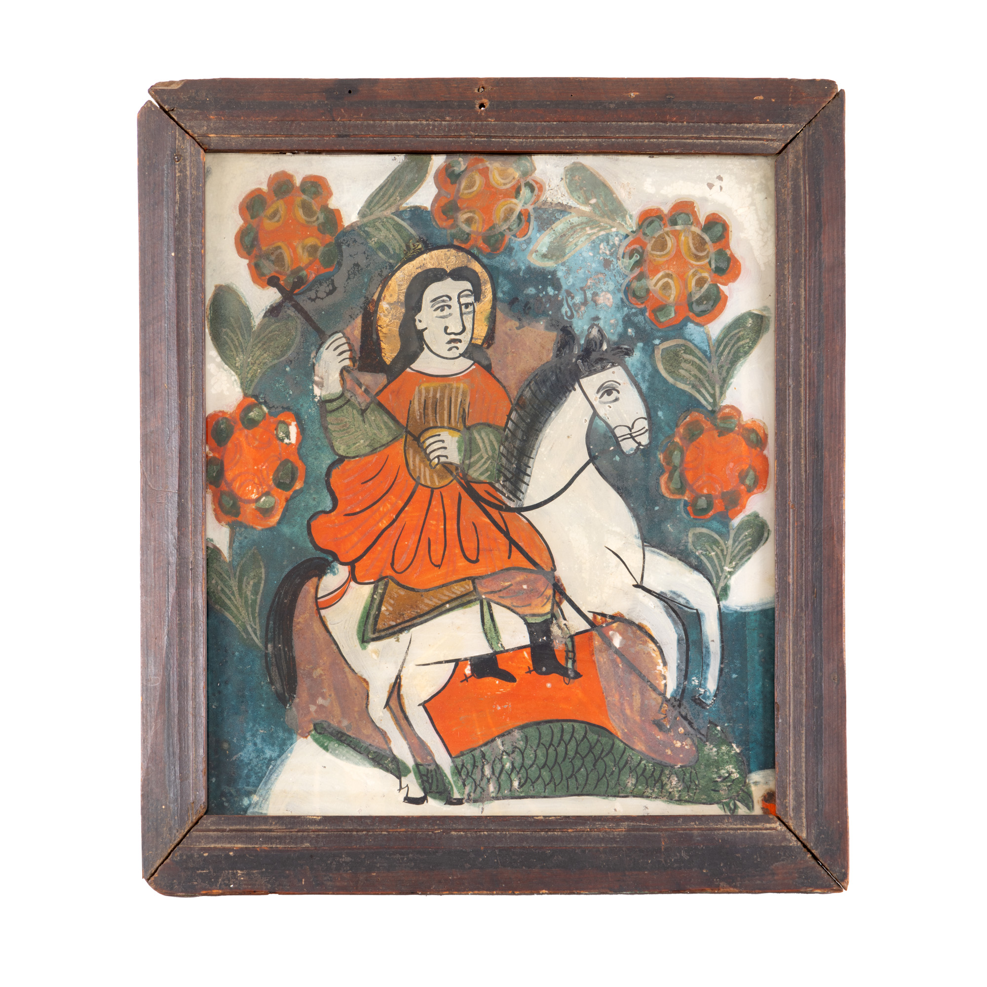 Icoană pe glajă, ”Sfântul Gheorghe omorând balaurul”, atelier din Nicula, prima jumătate a sec. XIX, provine din colecția avocatului Constantin Vișinescu