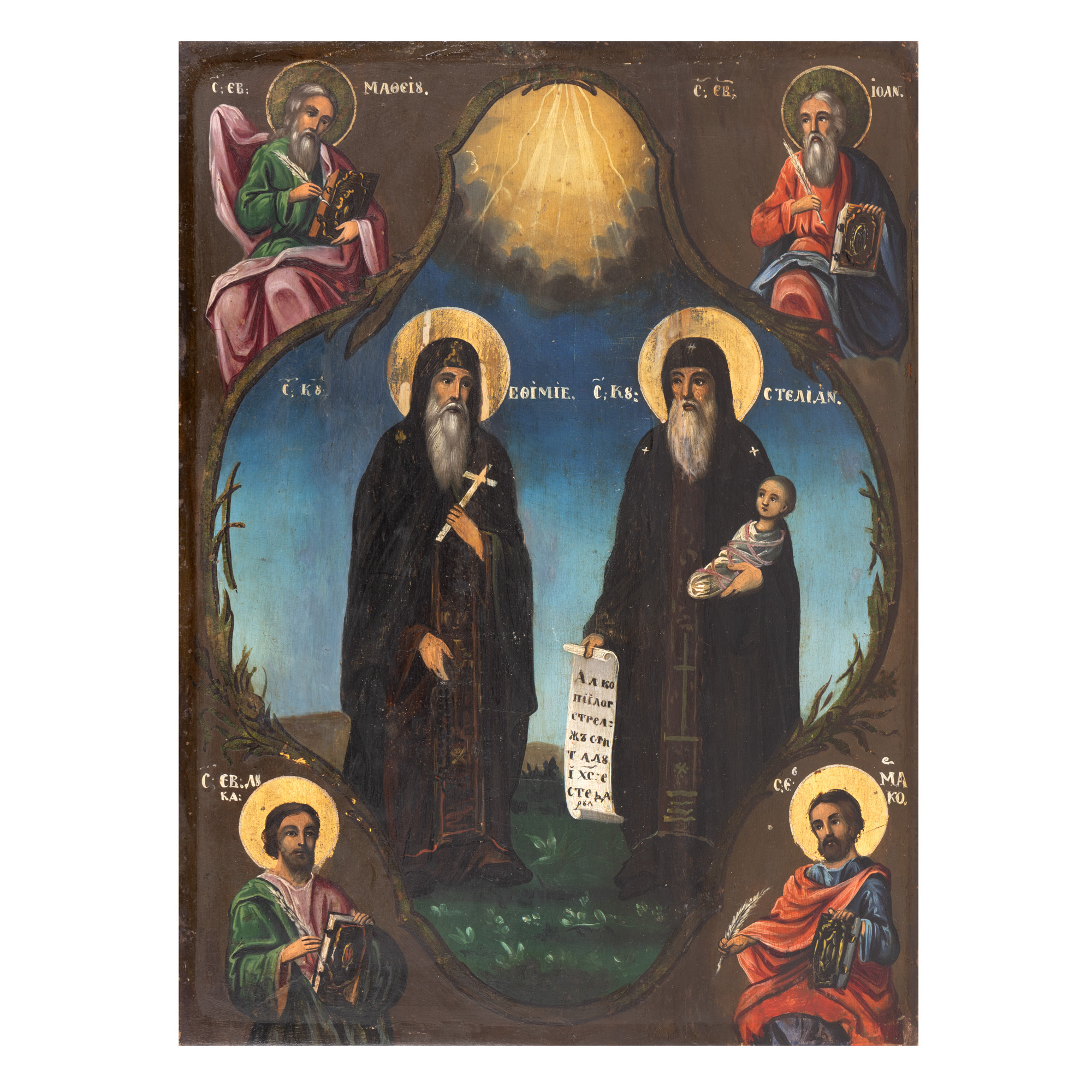 Icon on wood, "Holy Monks Eftimie and Stelian, protectors of children and the four Evangelists Matthew, John, Luke and Mark", Romanian School, first half of the 19th century