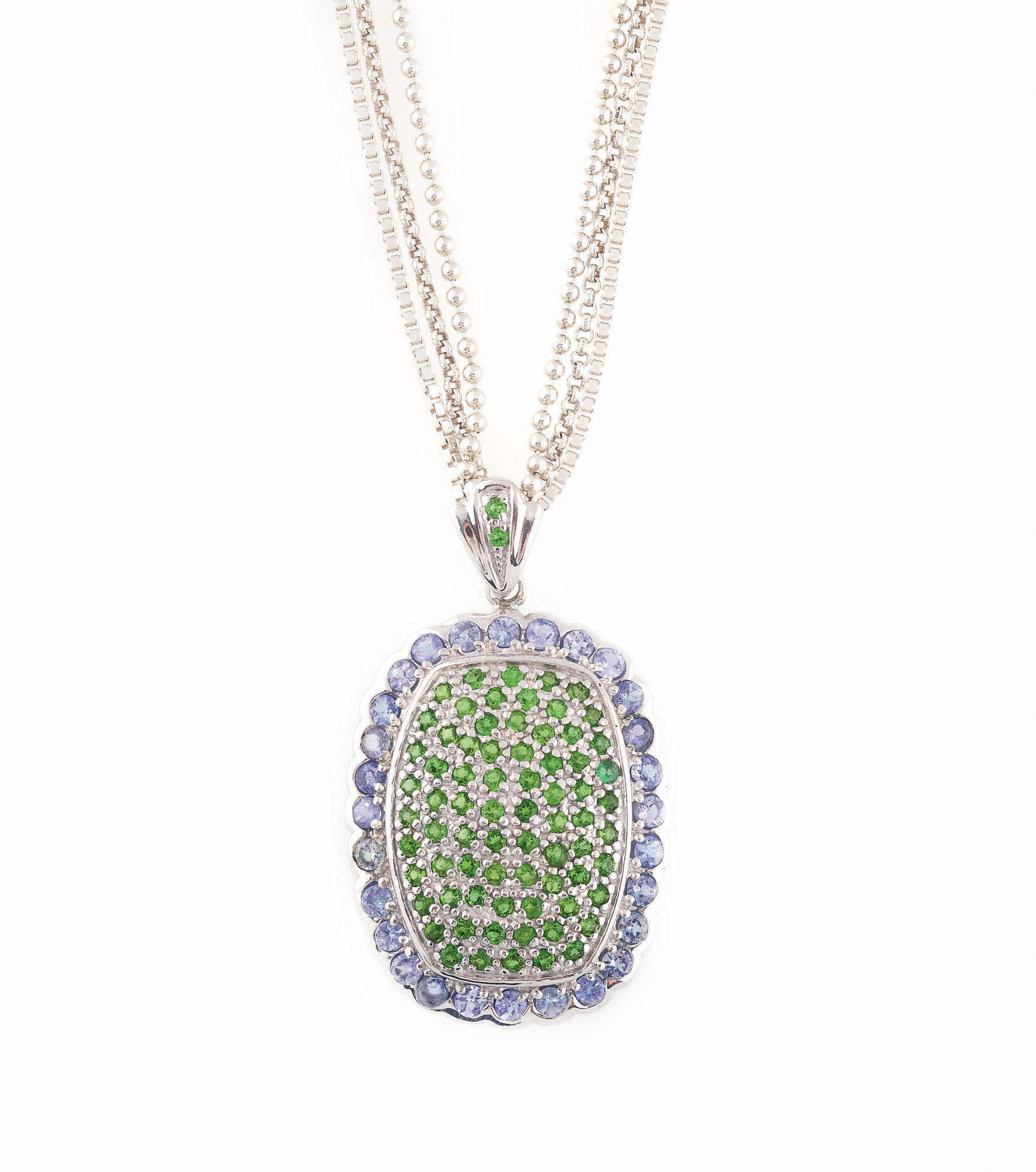 Lanţ cu pandantiv din argint aurit, decorat cu tanzanite şi crom-diopside