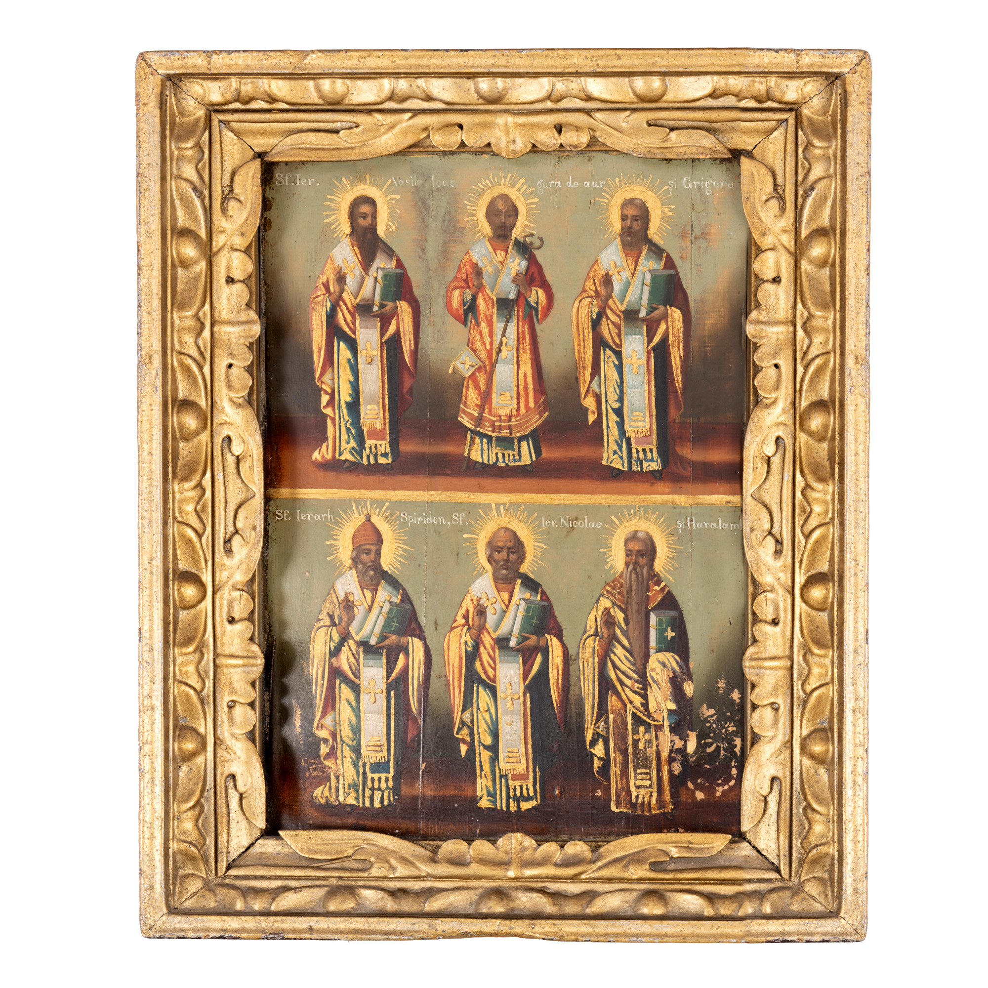 Icoană pe lemn "Sfinții Ierarhi Vasile, Ioan Gură de Aur, Grigore, Spiridon, Nicolae și Haralambie", școală românească, jumătatea sec. XIX