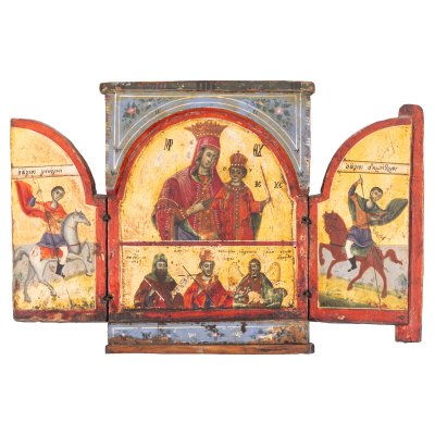 Triptic, ”Maica Domnului cu Pruncul, Sfântul Gheorghe și Sfântul Dumitru”, școală grecească, 1891, provine din colecția Corneliu Vadim Tudor