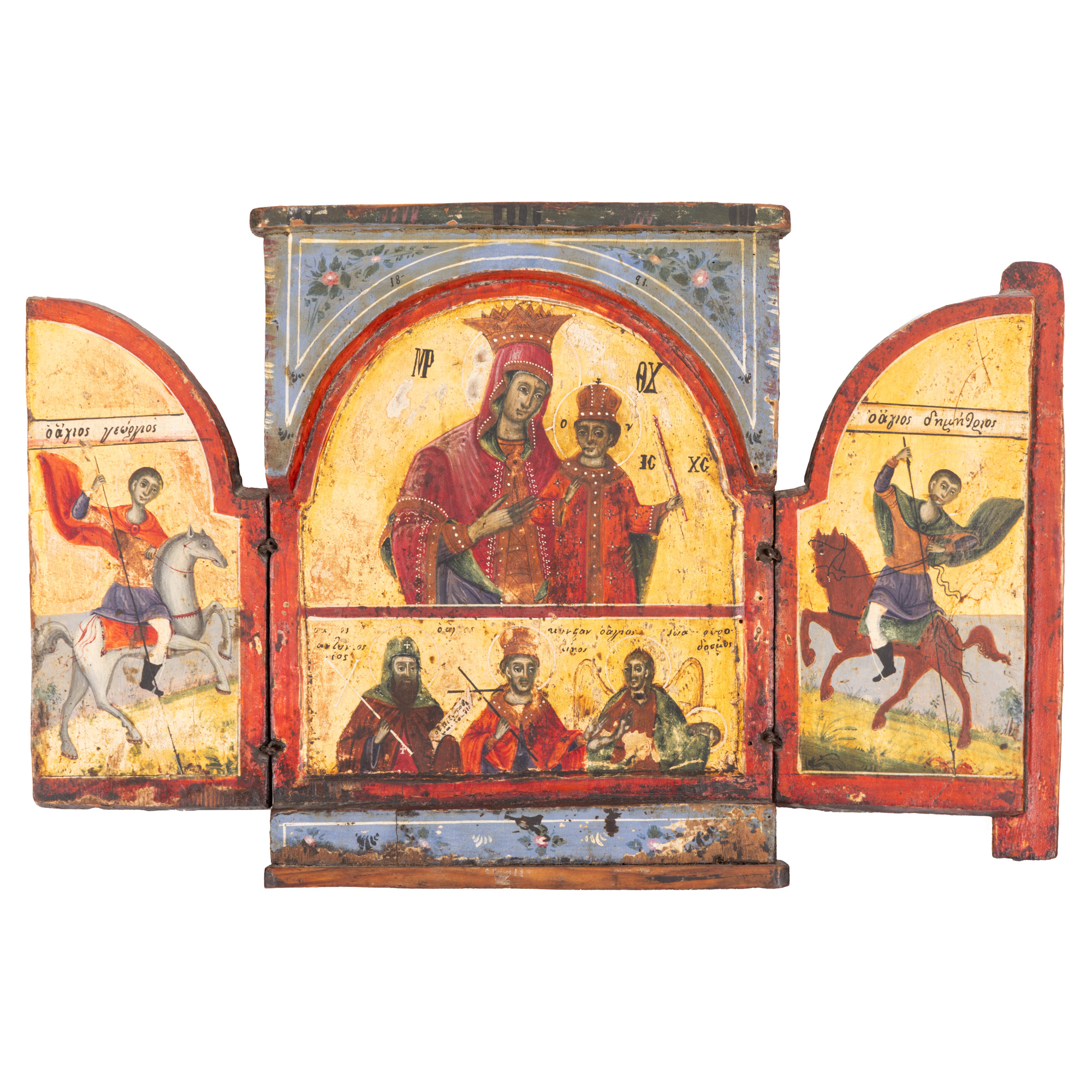 Triptic, ”Maica Domnului cu Pruncul, Sfântul Gheorghe și Sfântul Dumitru”, școală grecească, 1891, provine din colecția Corneliu Vadim Tudor
