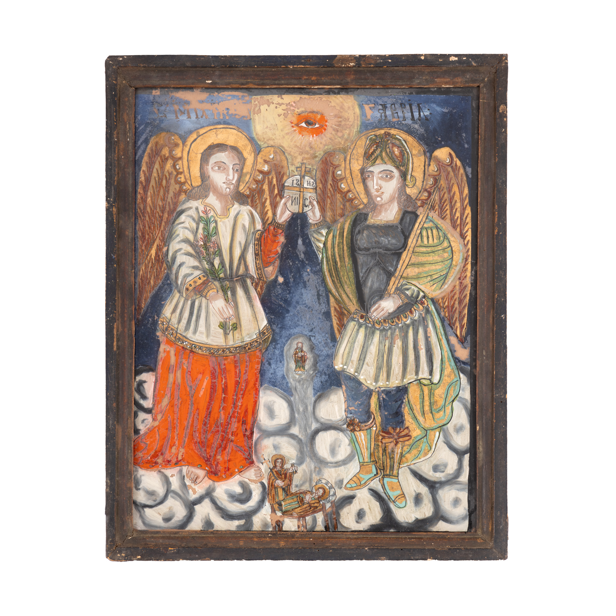 Icoană pe glajă, ”Sfinții Arhangheli Mihail și Gavril”, probabil zugrav Pavel Zamfir, Laz, sfârșitul sec. XIX, piesă rară, de colecție