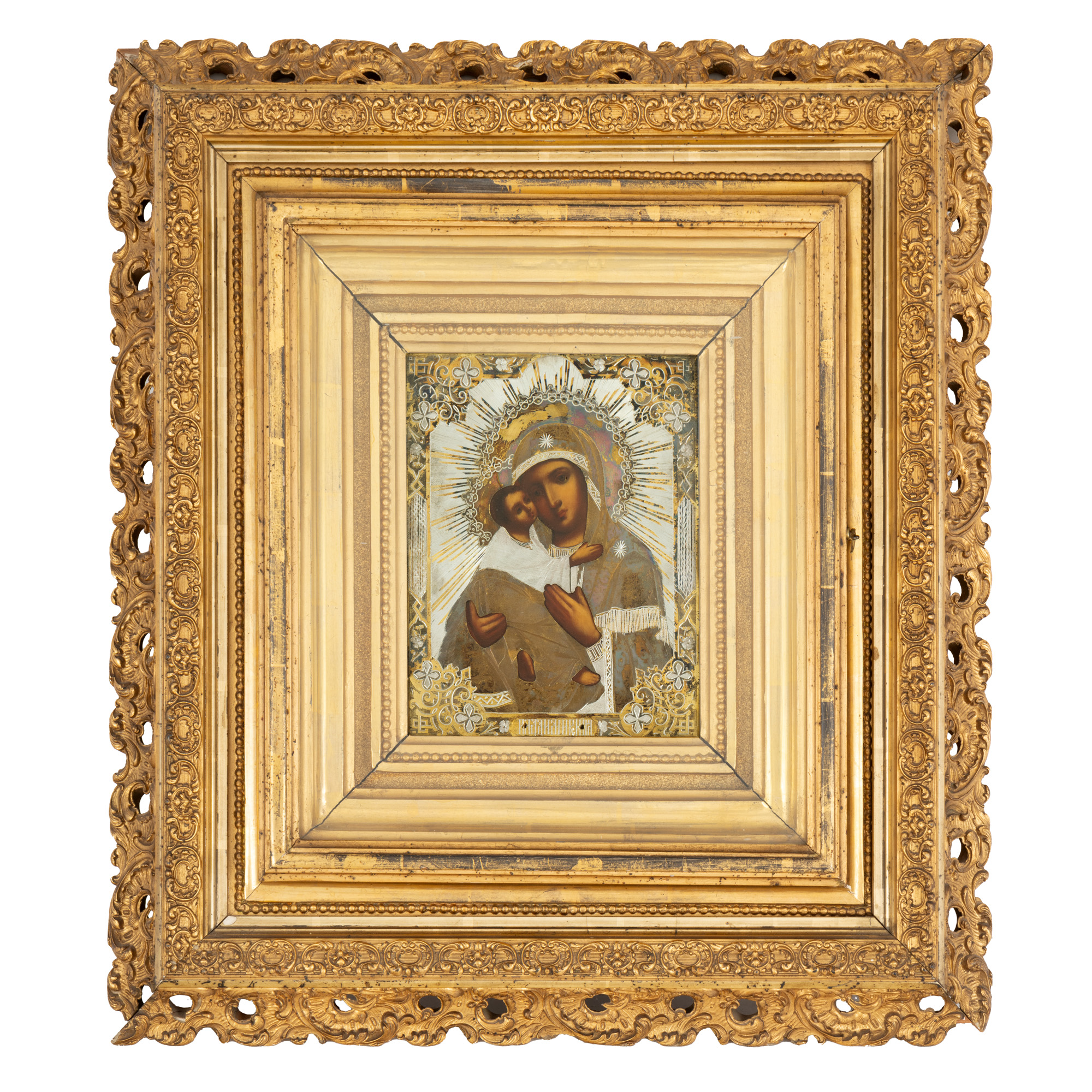 Icon on wood, with silver gilt frame, "Mother of God with the Child (Glikofilusa)", Russian school, 1874