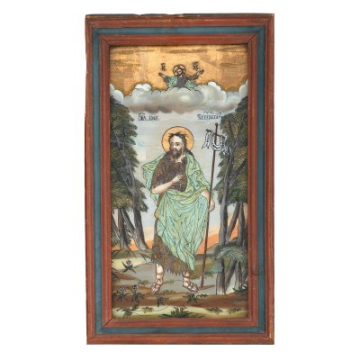 Icoană pe glajă, ”Sfântul Ioan Botezătorul”, atribuit zugrav Constantin Boghină jr., Brașov, cca. 1850, piesă extrem de rară, de colecție