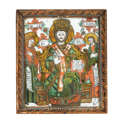 Icoană pe glajă, ”Iisus Hristos Împărat și Mare Arhiereu, ramă pictată, tronând”, atribuit zugrav Petru din Topârcea, sfârșitul sec. XVIII, raritate extremă, de colecție