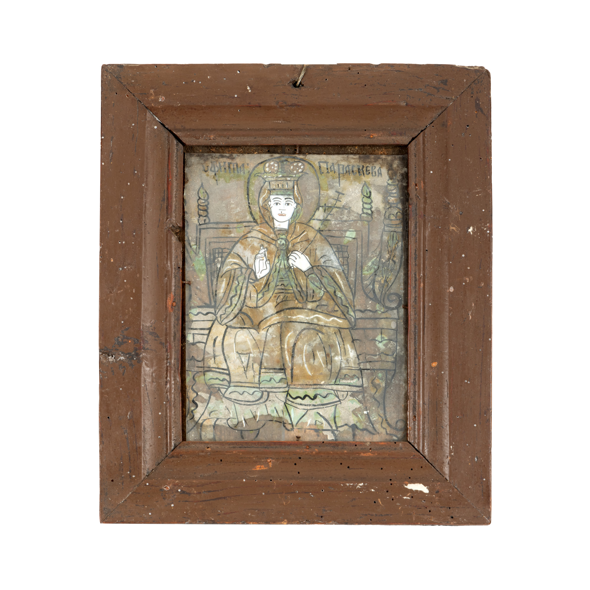 Icoană pe glajă, ”Sfânta Cuvioasă Paraschiva (Sfânta Vineri, Ocrotitoarea Moldovei)”, atribuit zugrav Nicolae Oancea din Vale, mijlocul sec. XIX
