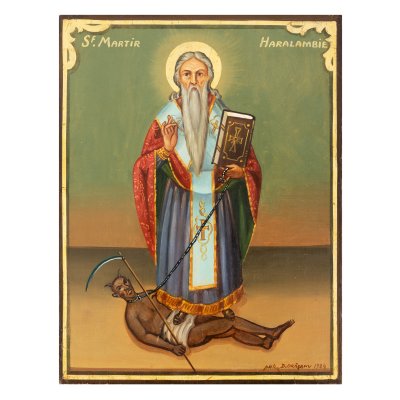 Icoană pe lemn, ”Sfântul Haralambie izbăvitorul de ciumă”, pictor D. Orășanu, 1924