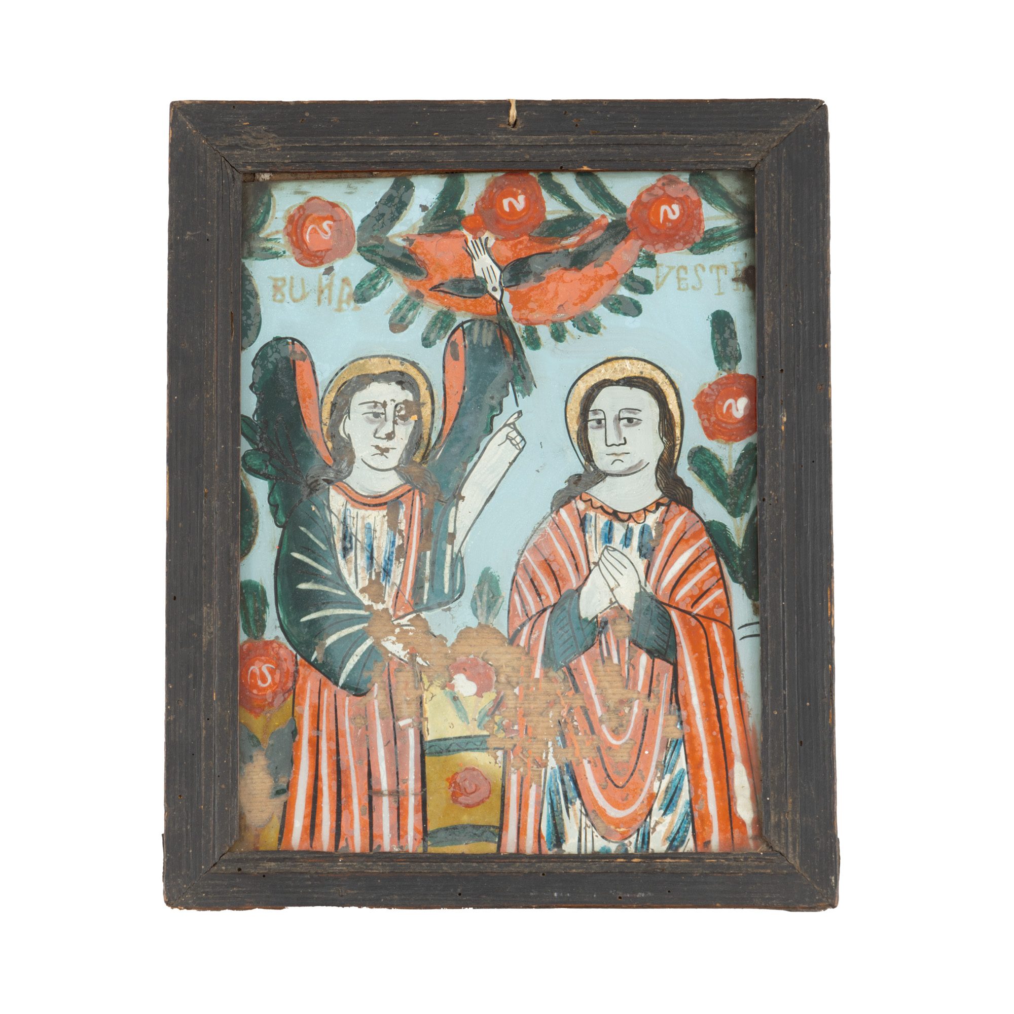 Icon on glass, "Annunciation", workshop in Gherla, end of the 19th century, comes from the collection of the painter Constantin Piliuță.