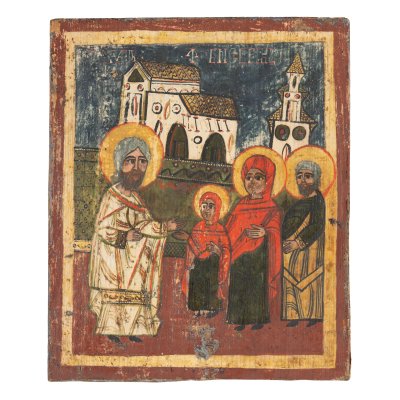 Icoană pe lemn, ”Intrarea în Biserică a Maicii Domnului”, școală românească, sfârșitul sec. XVIII-începutul sec. XIX