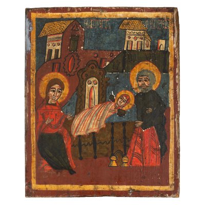 Icon on wood, "Birth of the Virgin Mary", Romanian School, end of 18th-beginning of 19th century