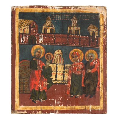 Icoană pe lemn, ”Prezentarea la Templu”, școală românească, sfârșitul sec. XVIII-începutul sec. XIX