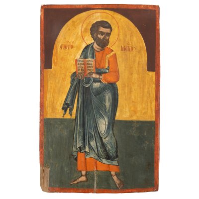 Icoană pe lemn, ”Sfântul Apostol și Evanghelist Marcu”, Țara Românească, școală brâncovenească, epoca lui Constantin Brâncoveanu, sfârșitul sec. XVII-începutul sec. XVIII, piesă foarte rară, de colecție