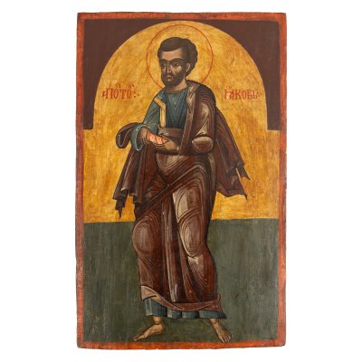 Icoană pe lemn, ”Sfântul Apostol Iacob”, Țara Românească, școală brâncovenească, epoca lui Constantin Brâncoveanu, sfârșitul sec. XVII-începutul sec. XVIII, piesă foarte rară, de colecție