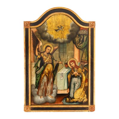 Icoană împărătească pe lemn, ”Buna Vestire”, școală transilvăneană, sfârșitul sec. XVIII-începutul sec. XIX