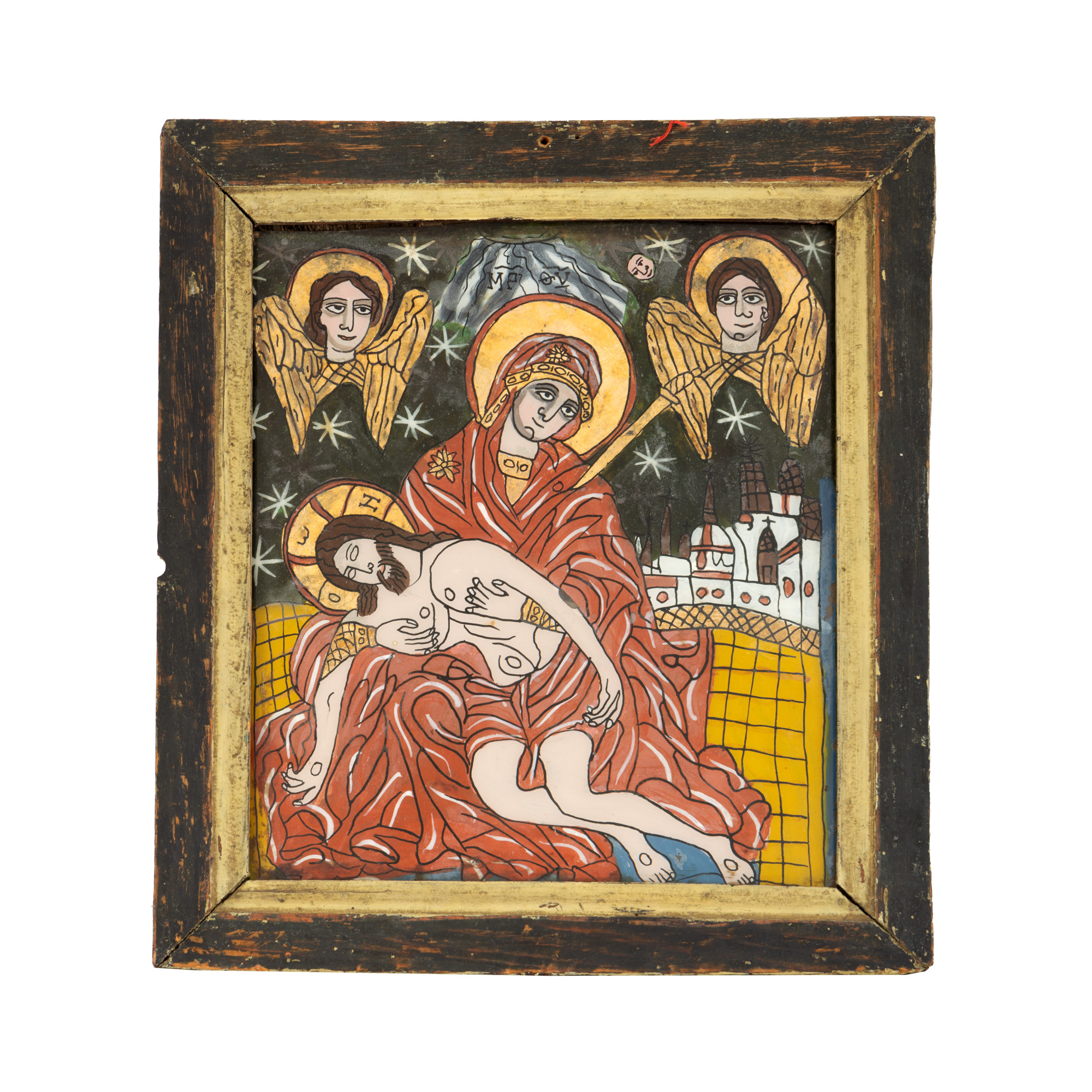 Icoană pe glajă, ”Pieta”, atelier din Făgăraș-Rupea, cca. 1830-1840, piesă rară