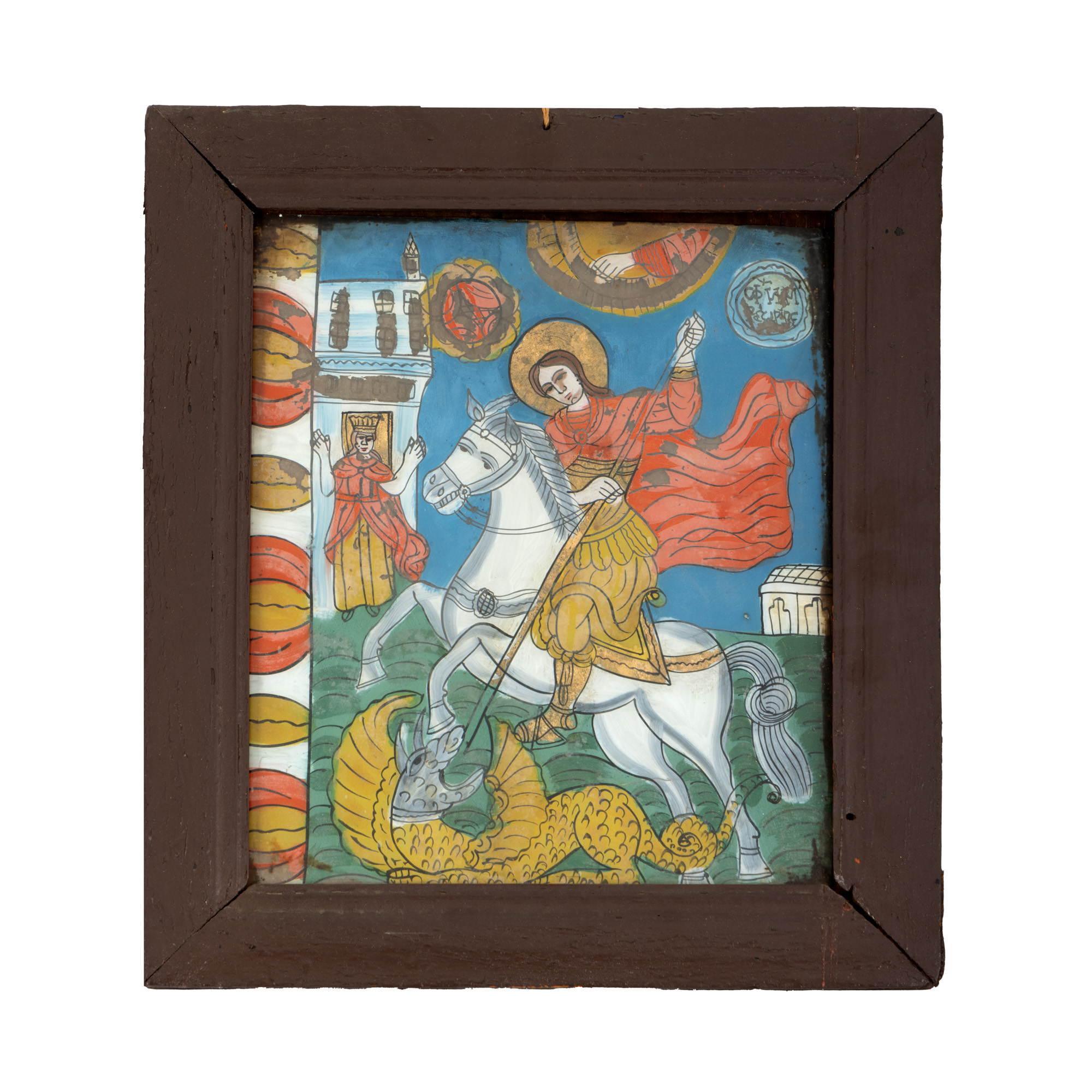 Icoană pe glajă, ”Sfântul Gheorghe omorând balaurul”, atelier din Șcheii Brașovului, a doua jumătate a sec. XIX
