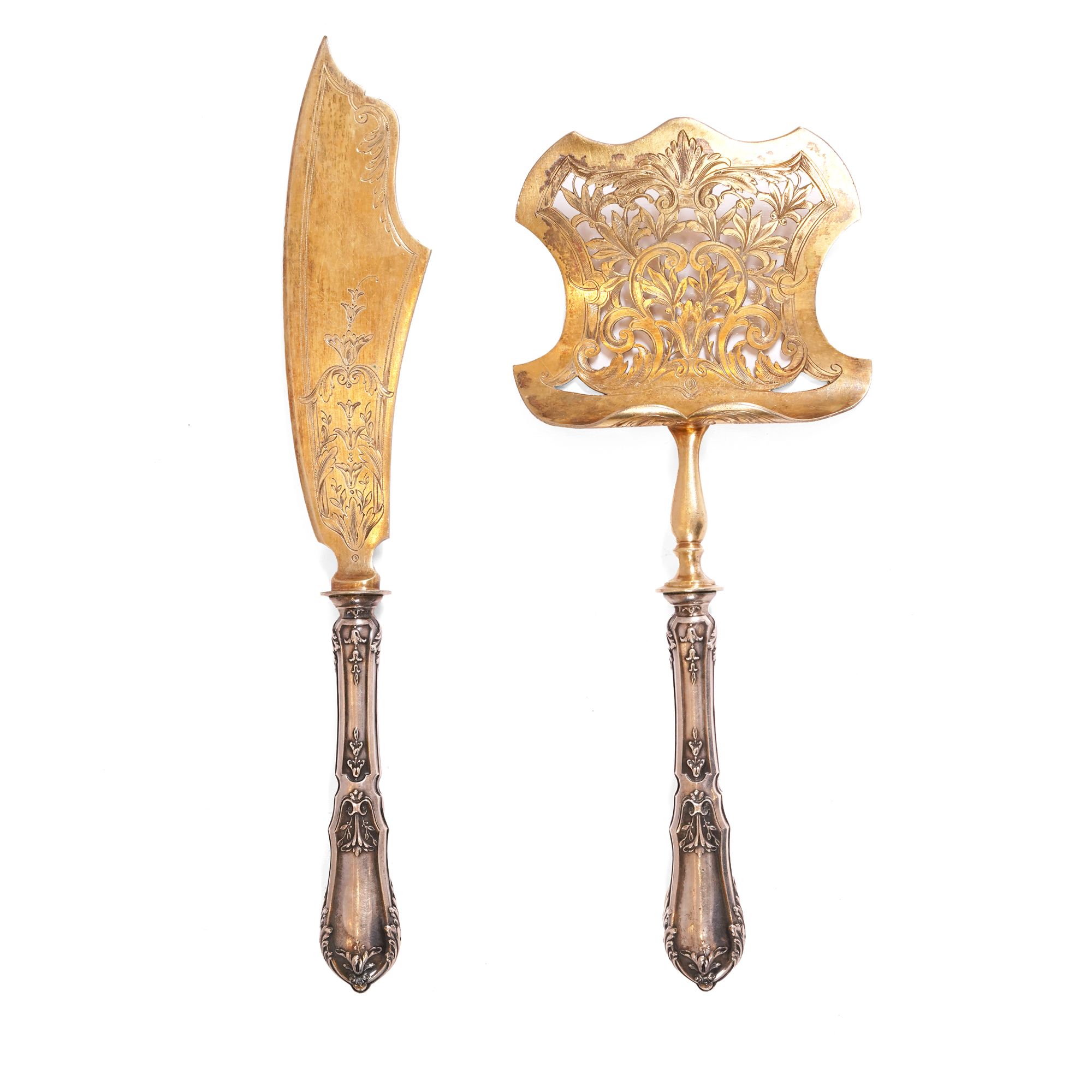 Fish serving cutlery set in silver and gilded metal, early 20th century 