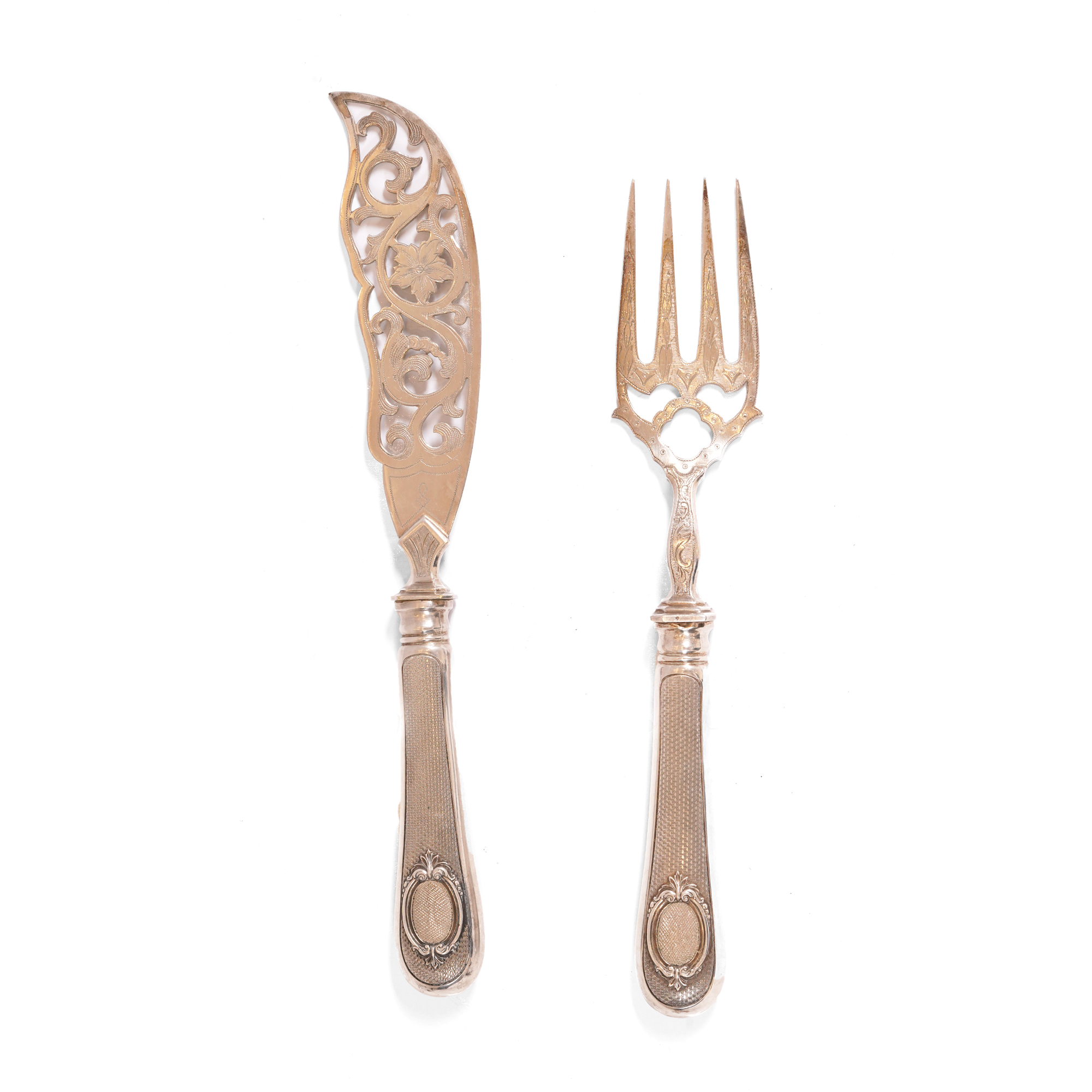 Fish serving cutlery set in silver and silver-plated metal, early 20th century 