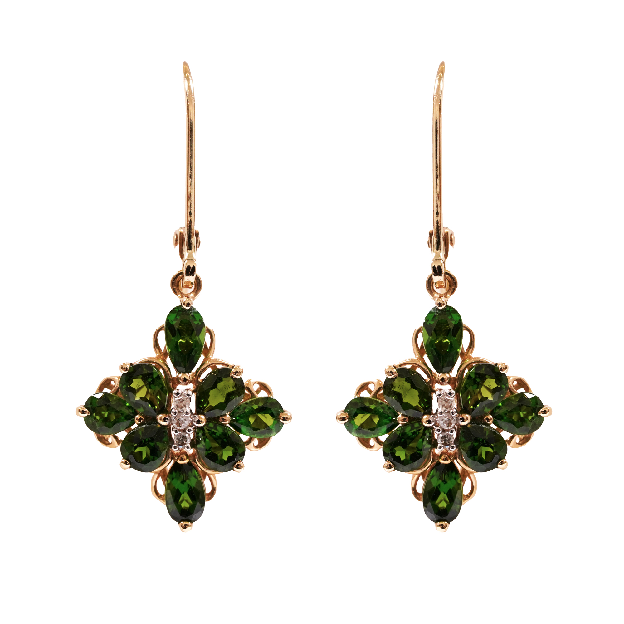 Pair of gold earrings, decorated with chrome diopside and diamonds