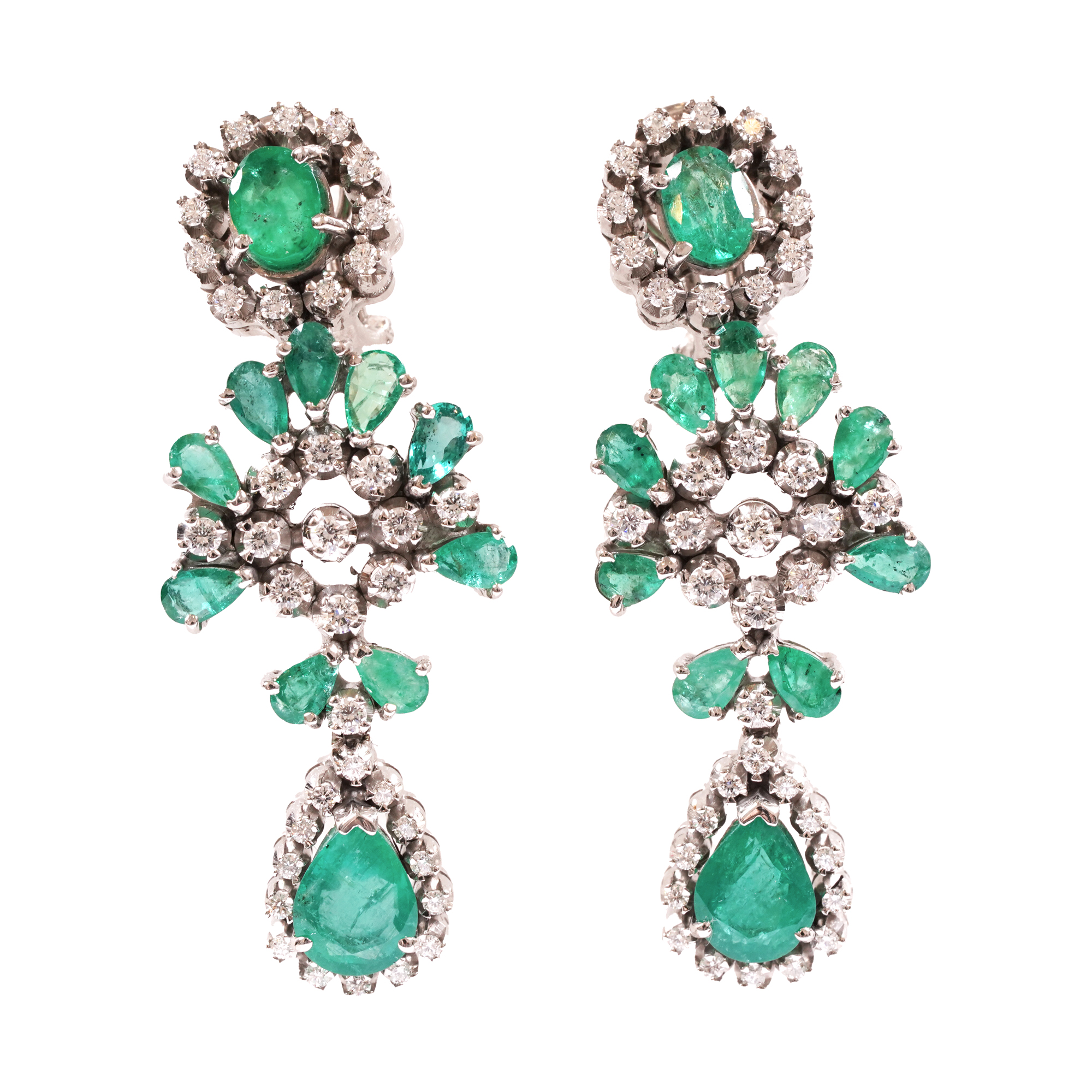 Pair of white gold earrings set with emeralds and diamonds