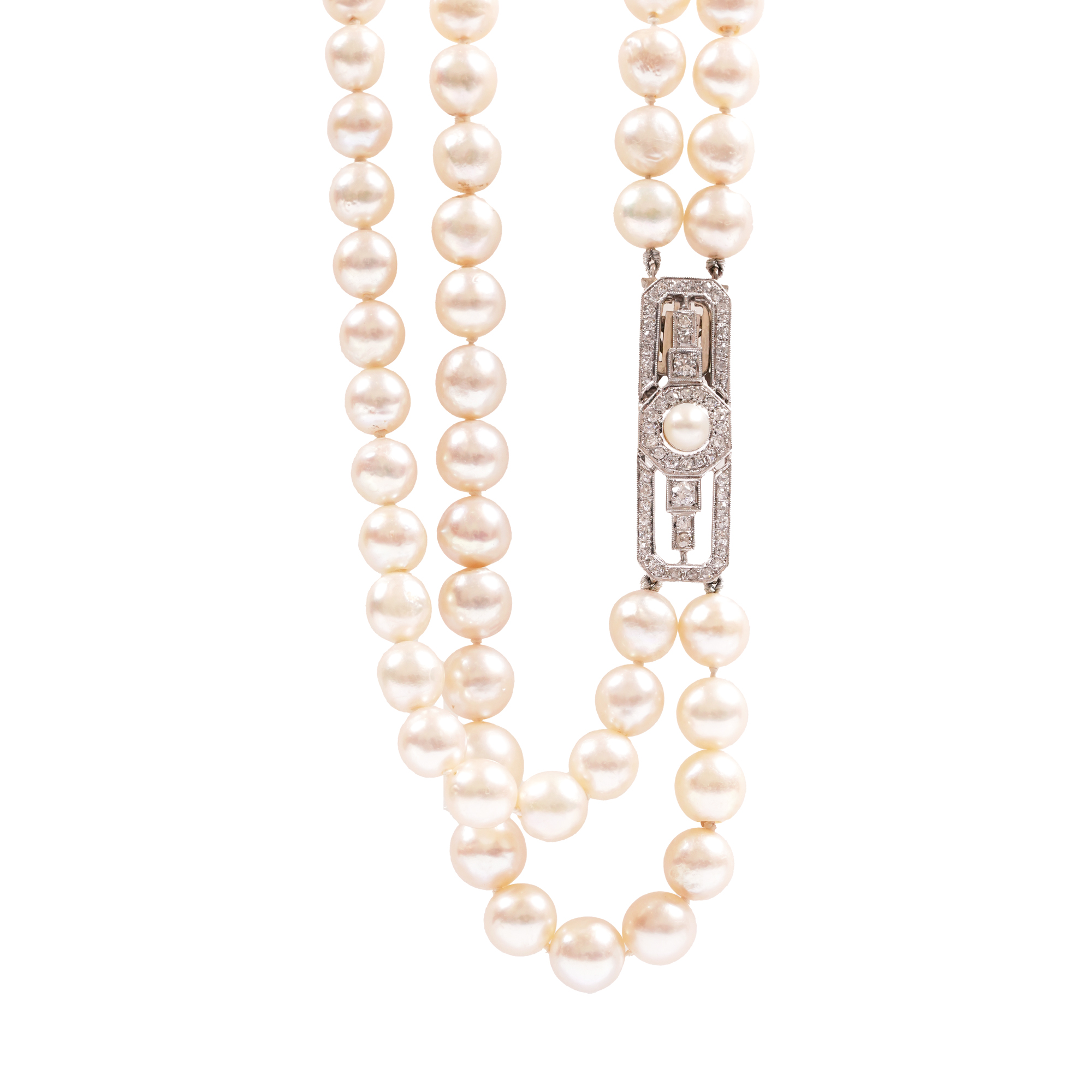 Art Deco necklace with two strands of Akoya pearls, clasp in white gold set with diamonds