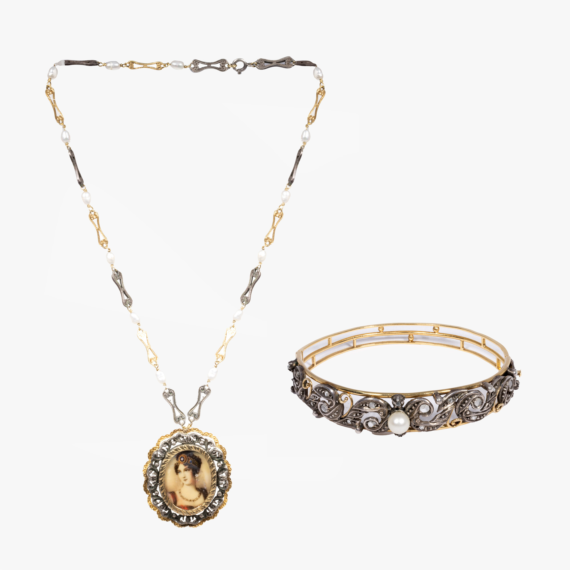 Set format din brățară fixă si colier, din aur și argint, decorate cu perle și diamante, în manieră Art Nouveau