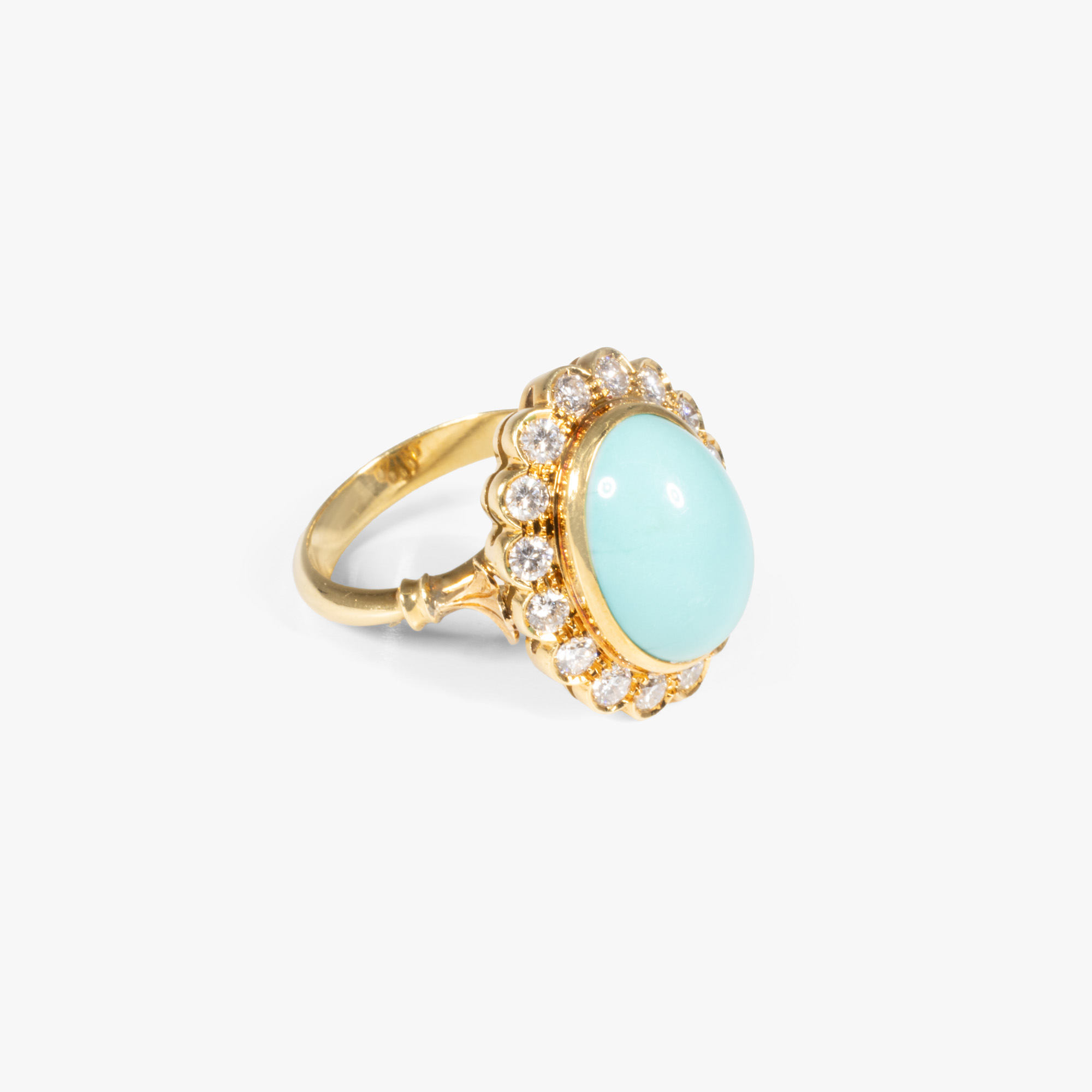 Gold ring, decorated with a turquoise surrounded by diamonds