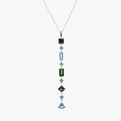 White gold necklace with pendant, decorated with multicolored stones and diamonds