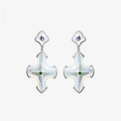 Pair of white gold and mother-of-pearl earrings, adorned with diamonds, sapphires, and tsavorites
