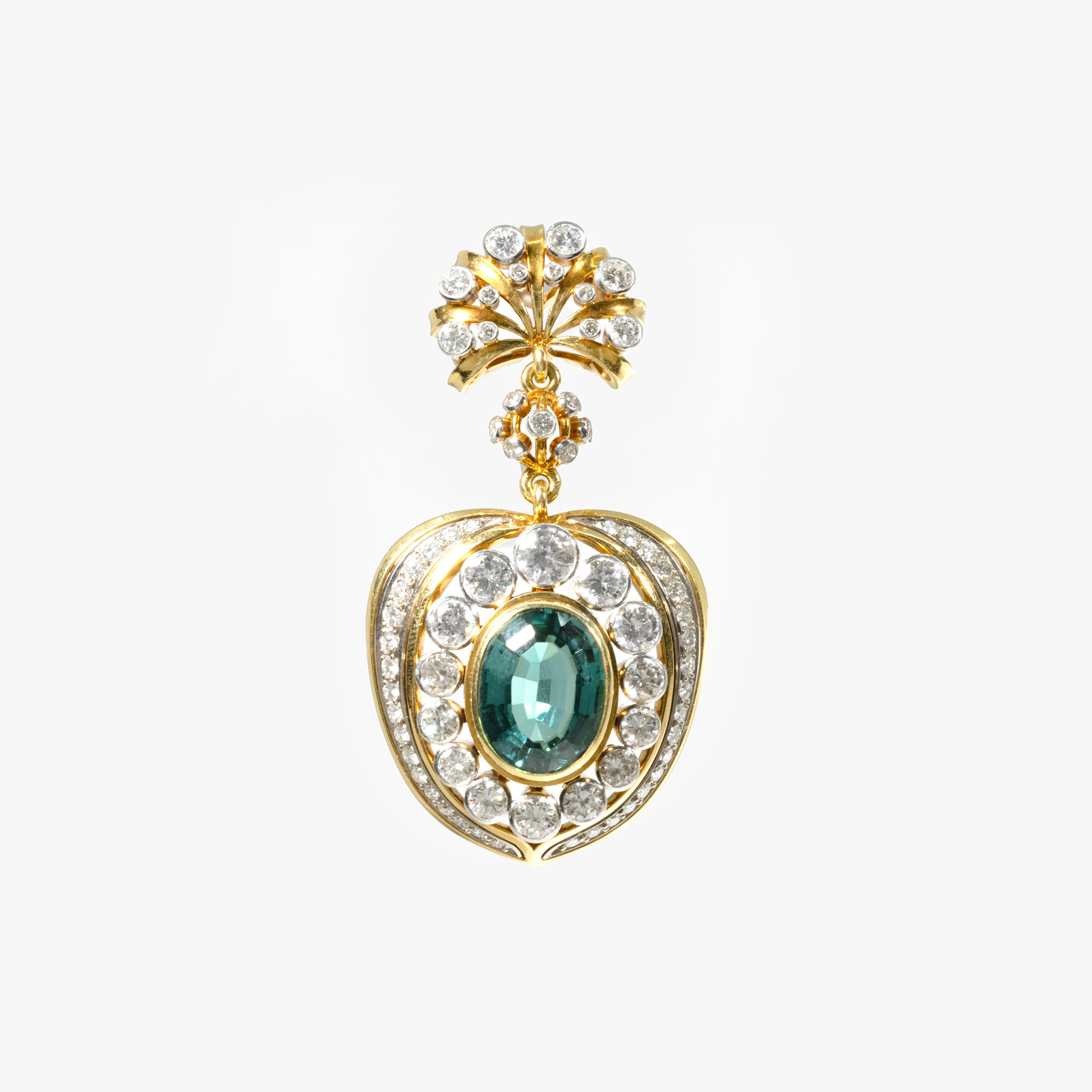 "Peacock" - gold and platinum pendant, decorated with tourmaline and diamonds, handmade