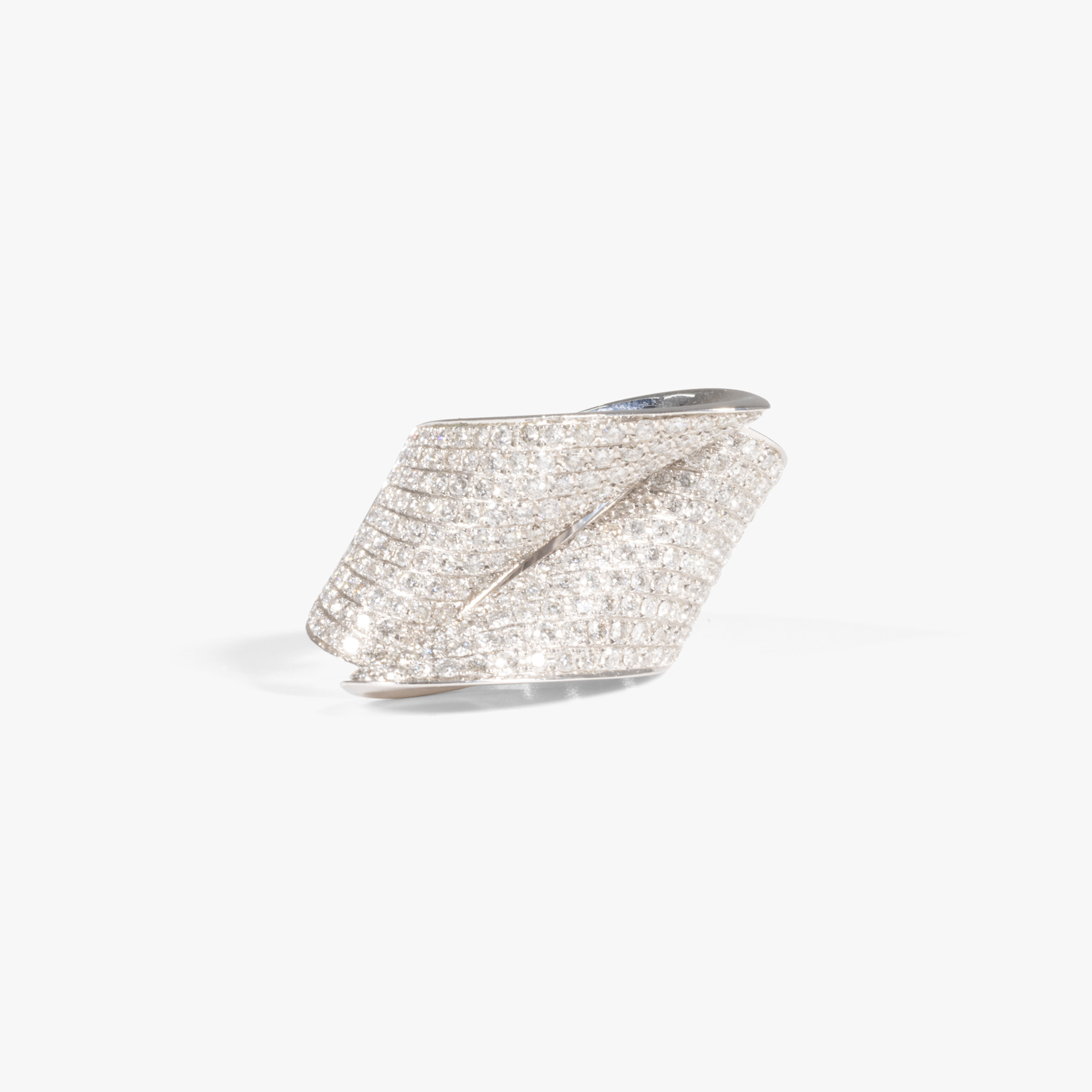 Interesting white gold ring, paved with diamonds