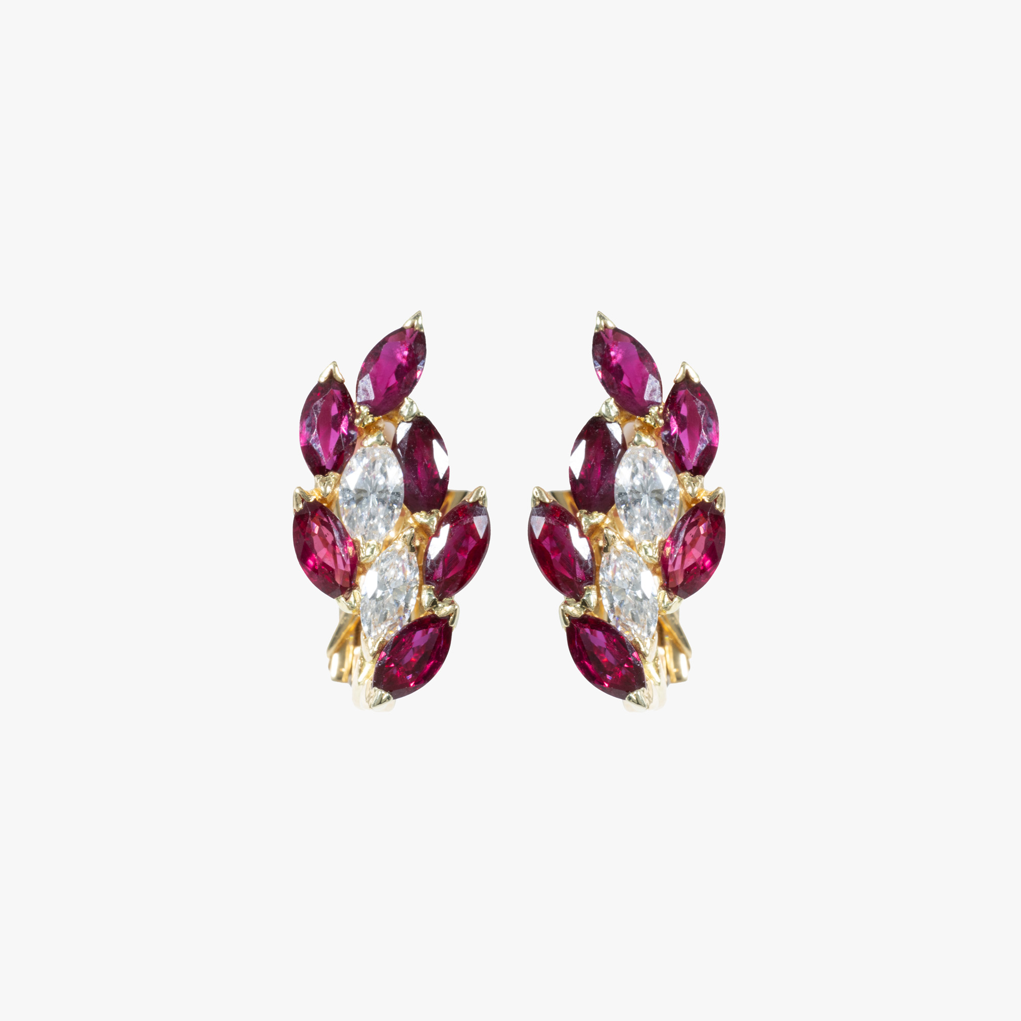 Pair of bicolor gold earrings, in the form of a little branch, decorated with rubies and diamonds, accompanied by an additional gemological certificate