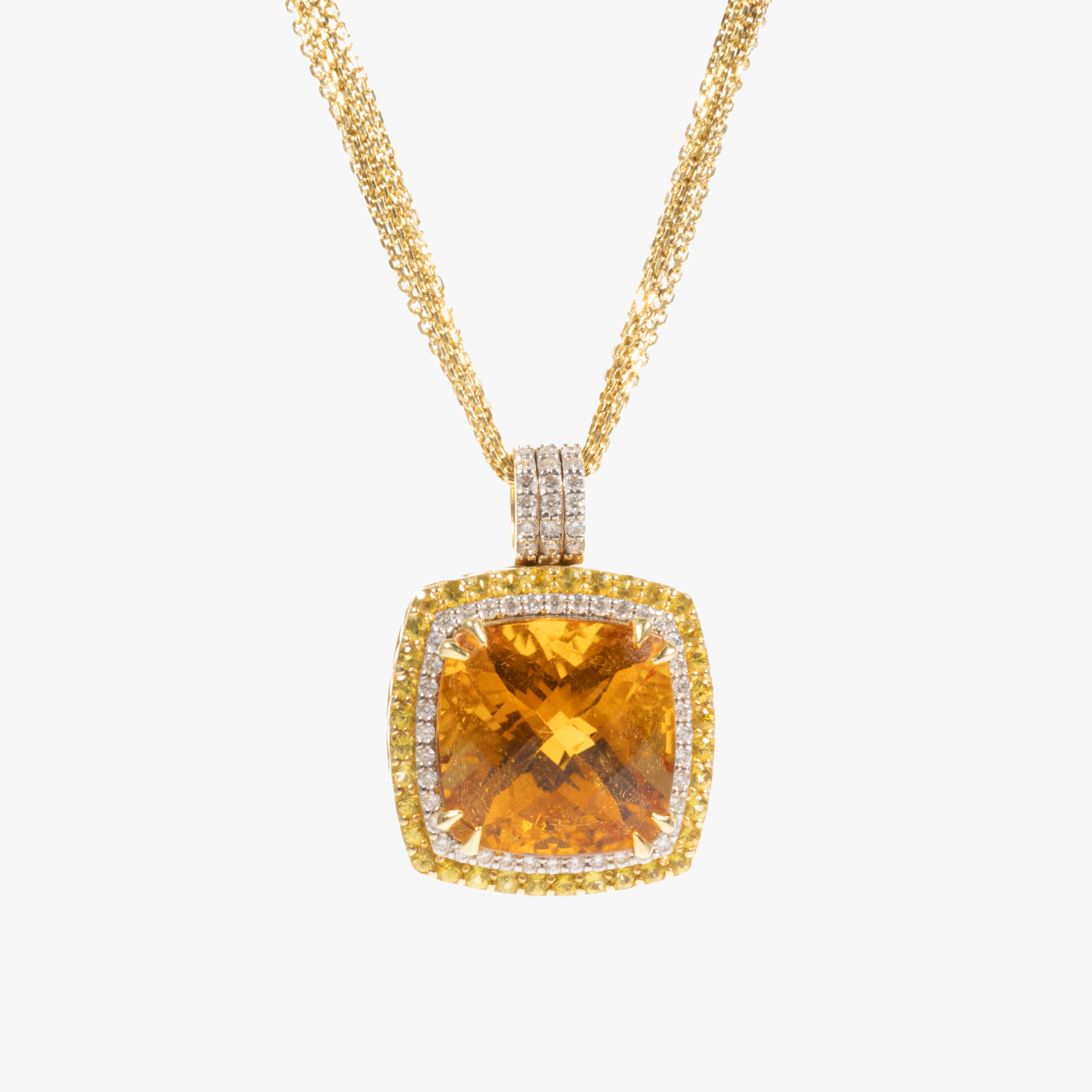 Gold chain with geometric pendant, decorated with citrine, sapphires and diamonds