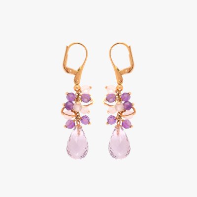 Pair of gold earrings decorated with amethysts and rose quartz