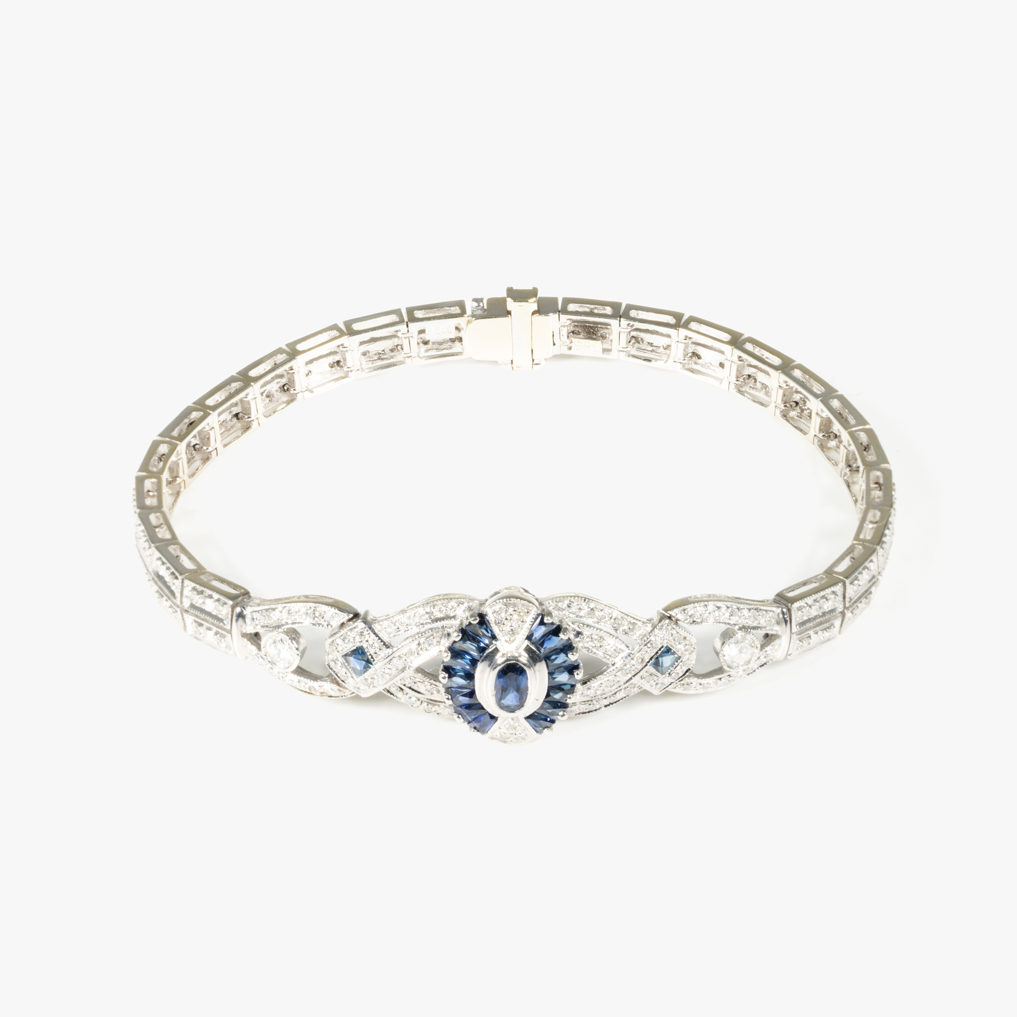 White gold Art Deco style bracelet, decorated with sapphires and diamonds, accompanied by additional gemological certificate