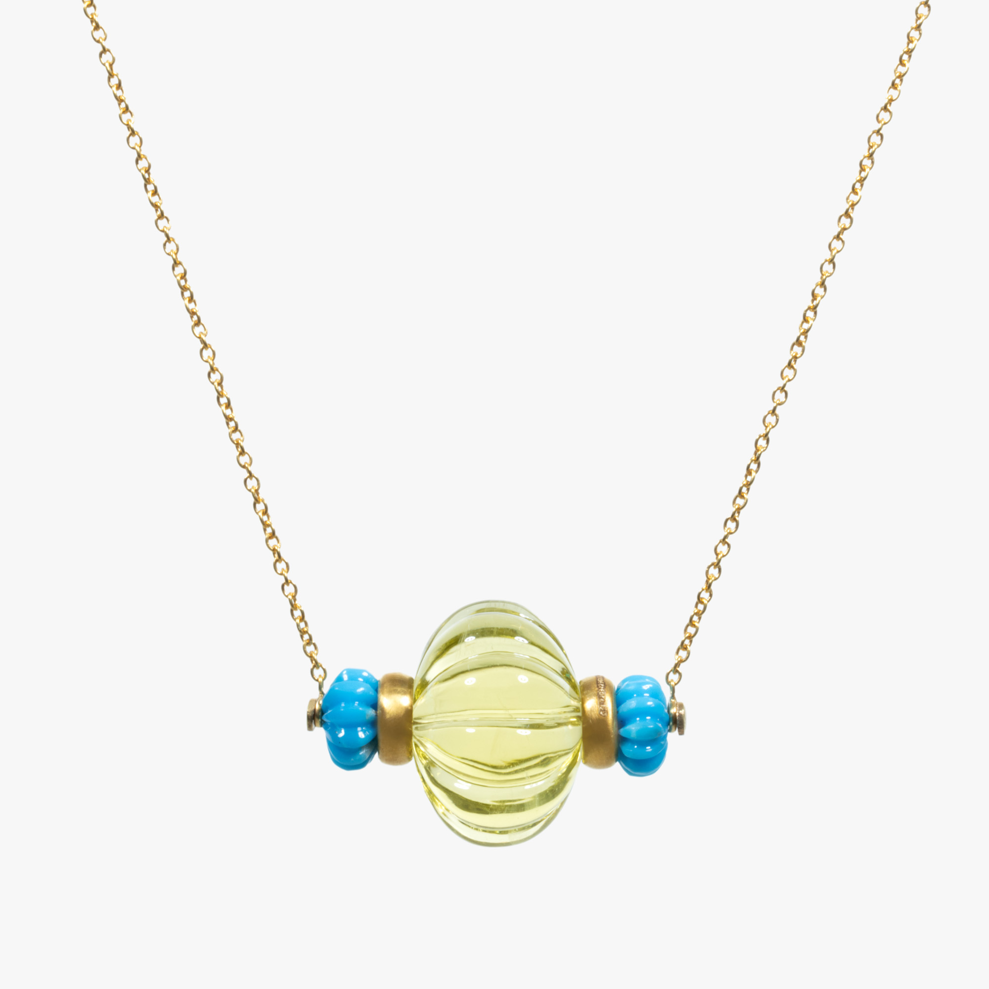 Gold necklace, decorated with lemon quartz and turquoises