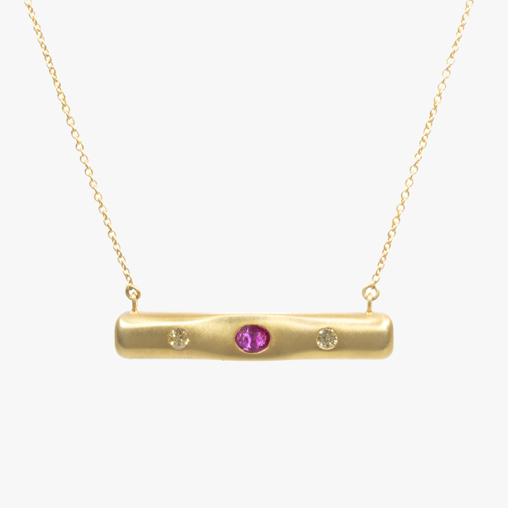 Gold necklace, adorned with ruby and pair of diamonds