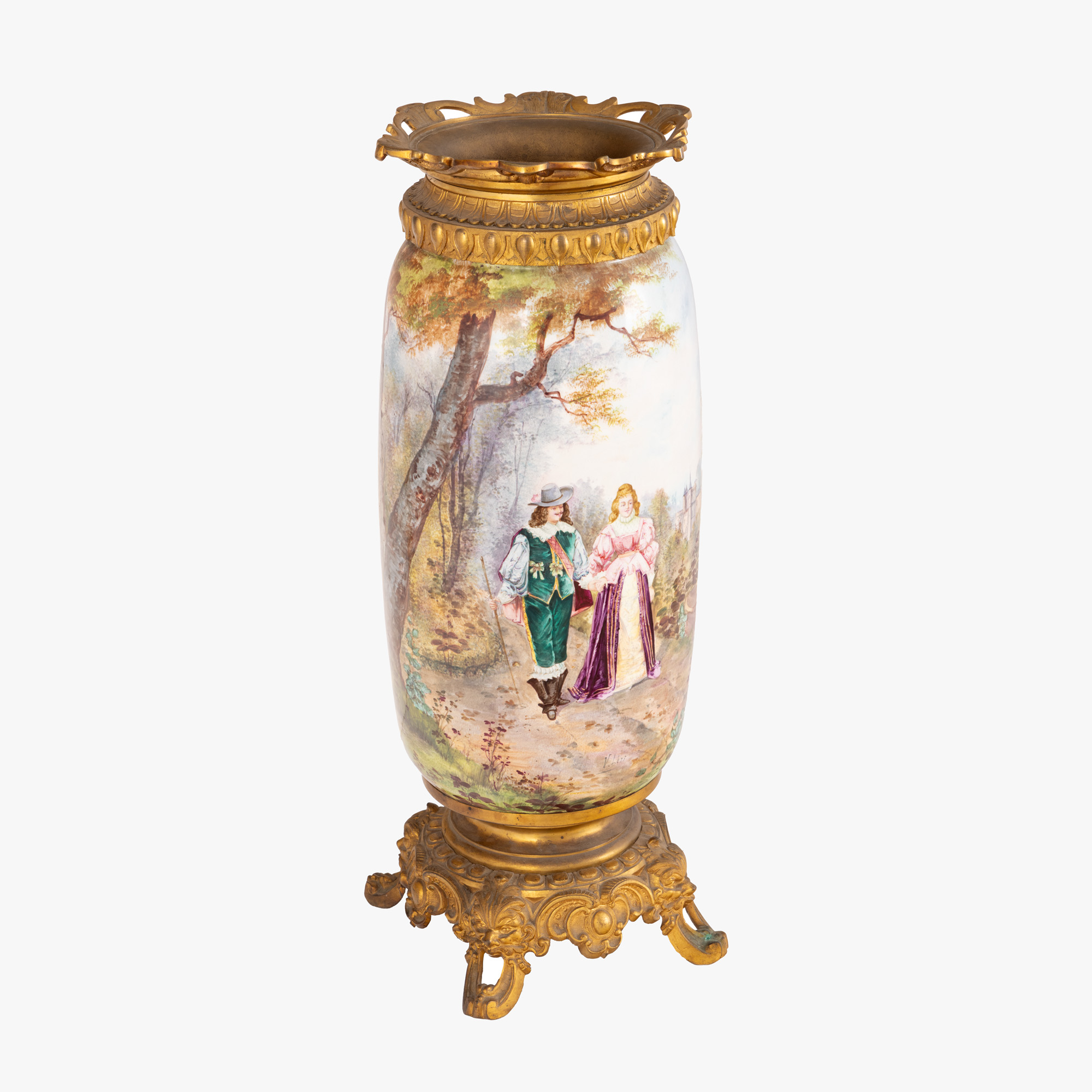 Impresionant vas din porțelan, manieră Sèvres, cu montură din bronz doré, decorat cu scenă galantă, semnat V. Léti, cca. 1890