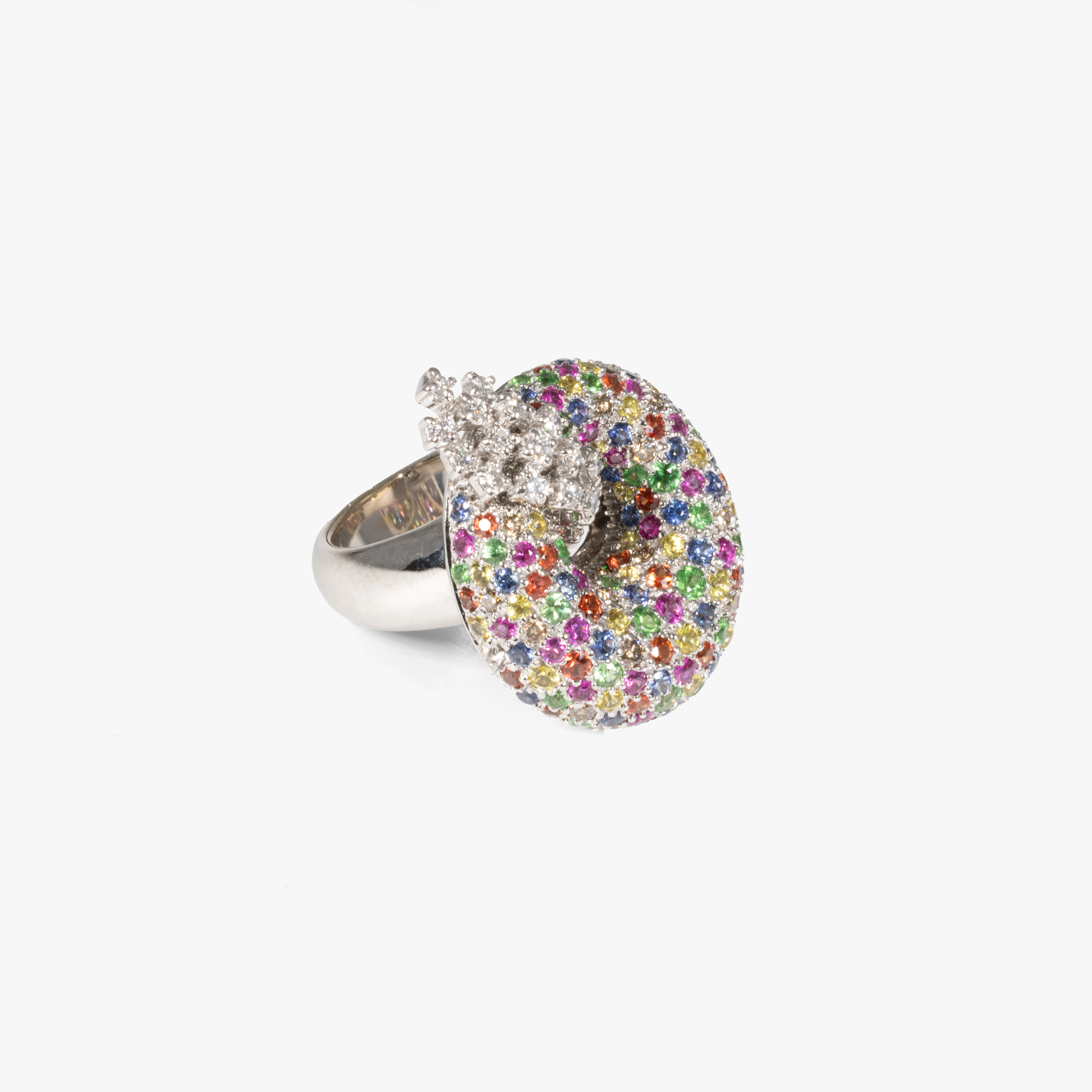 "Candy" - white gold ring, sprinkled with multicolored stones and diamonds, accompanied by an additional gemological certificate