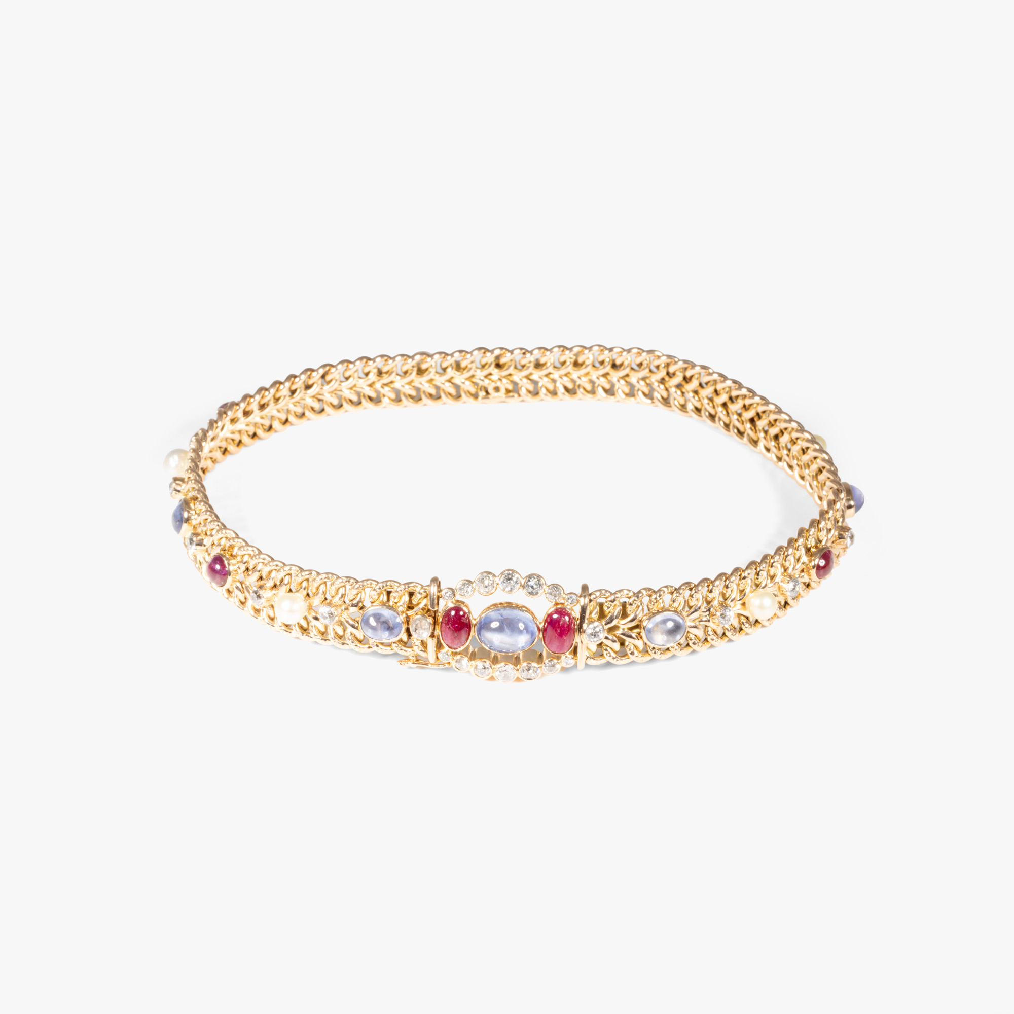 Massive pink gold necklace, decorated with pearls and a mix of colorful stones, accompanied by an additional gemological certificate