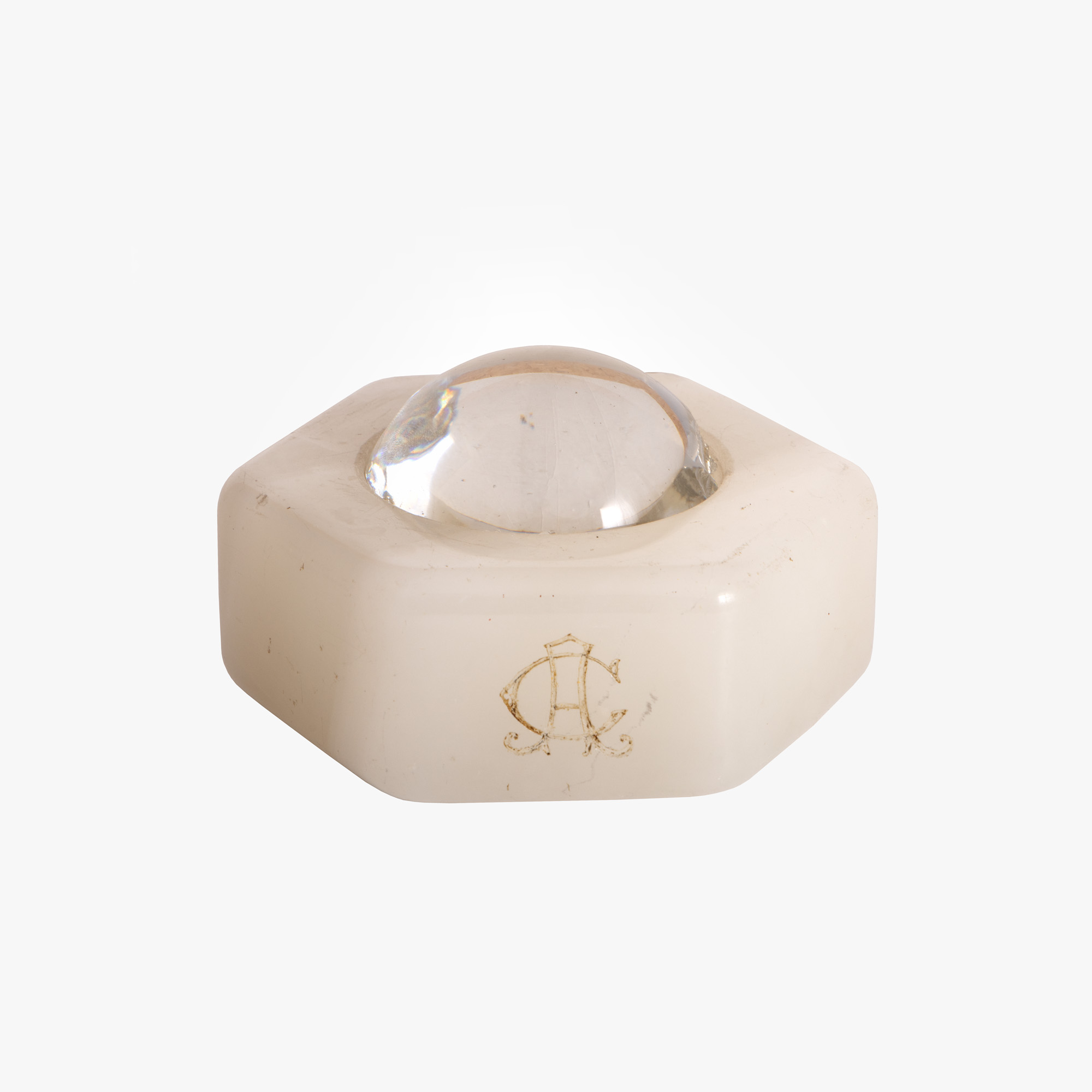 Mine flower with gold, with magnifying glass, in monogrammed onyx base "CA", interwar period