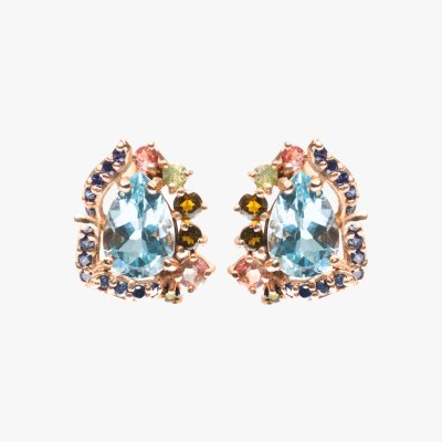 Pair of gilt silver earrings with rose gold, decorated with topaz, tourmalines and ornamental stones