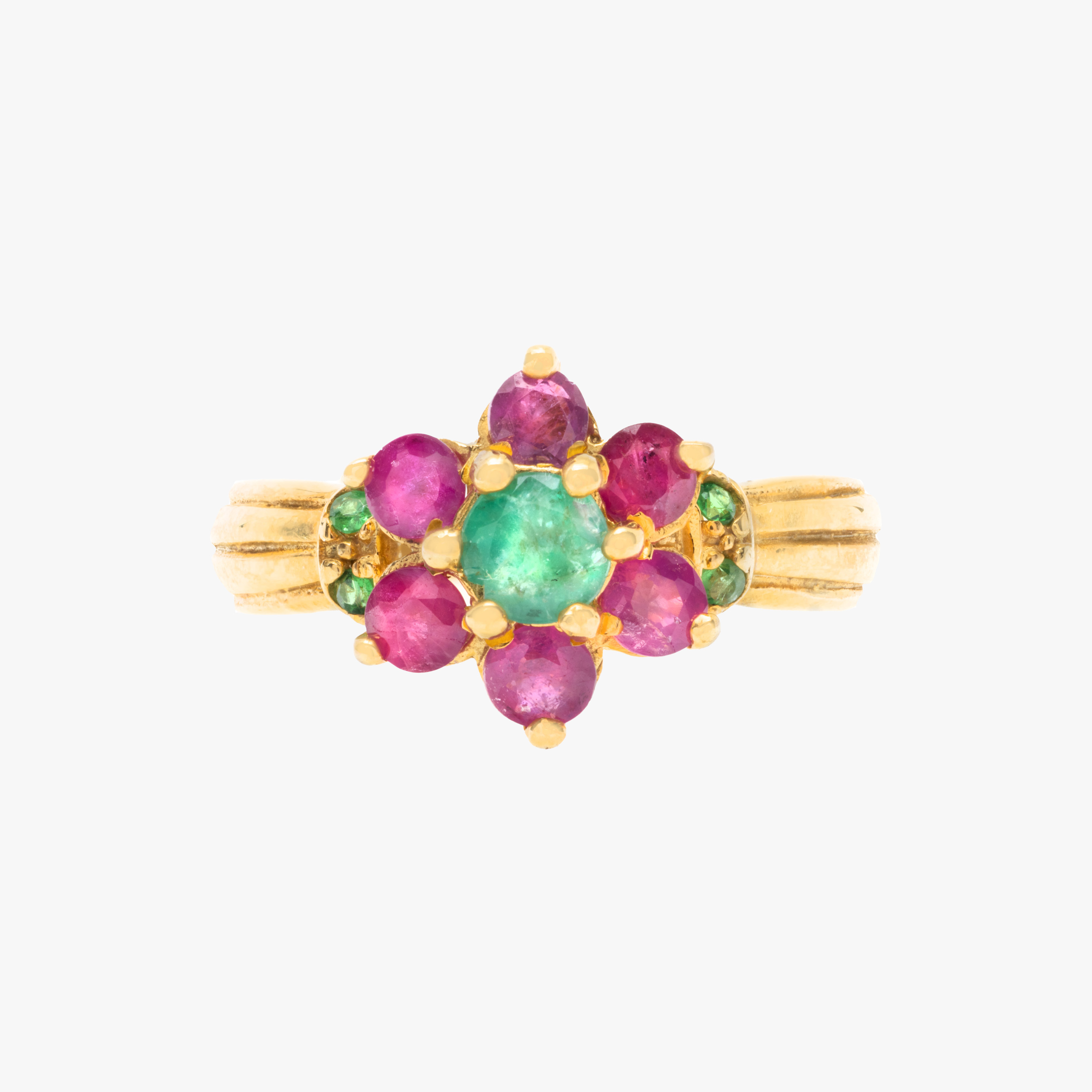 Gilded silver ring, decorated with rubies, tsavorites and emerald