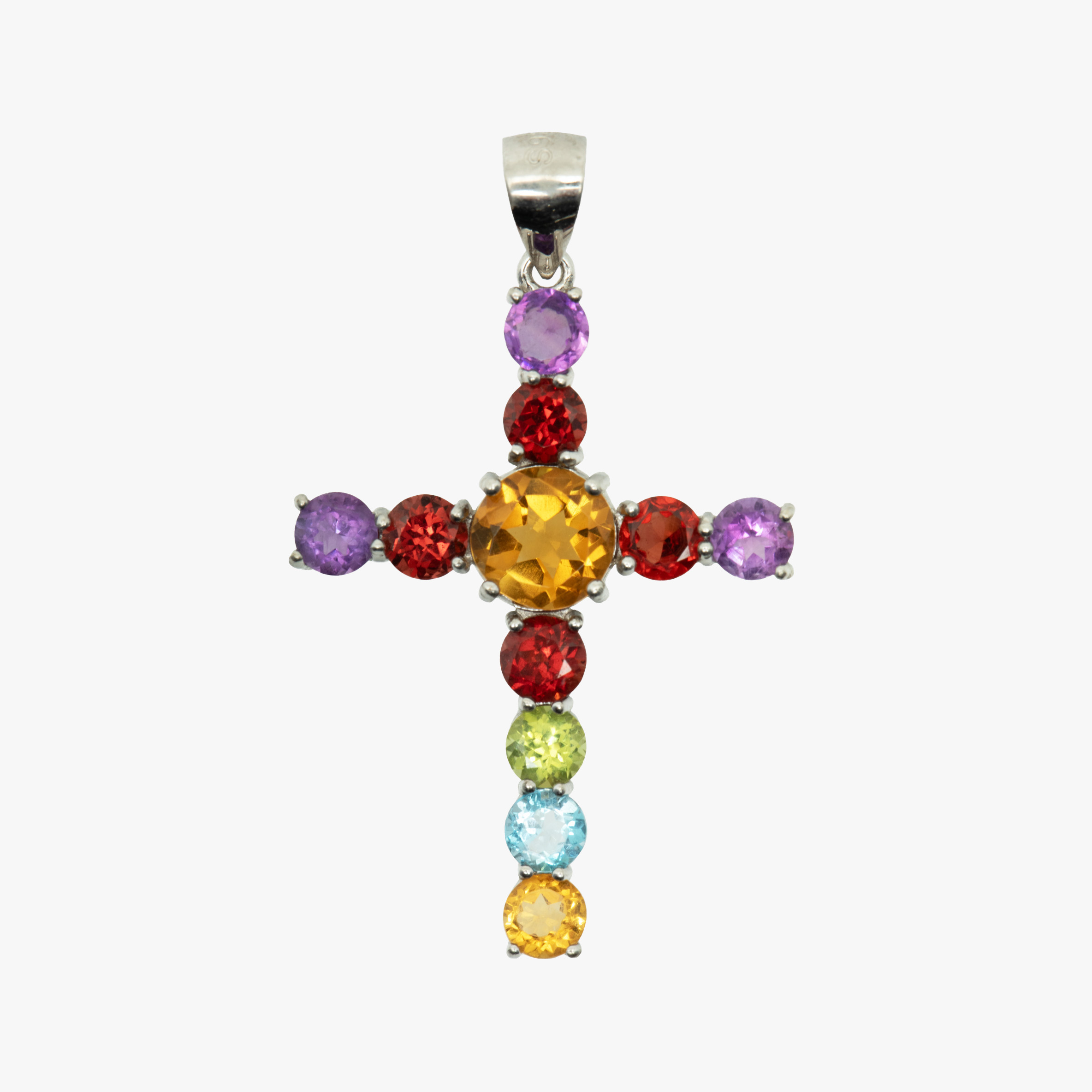 Pandantiv cruce din argint, ornat cu ametiste, granate, peridote, topaz