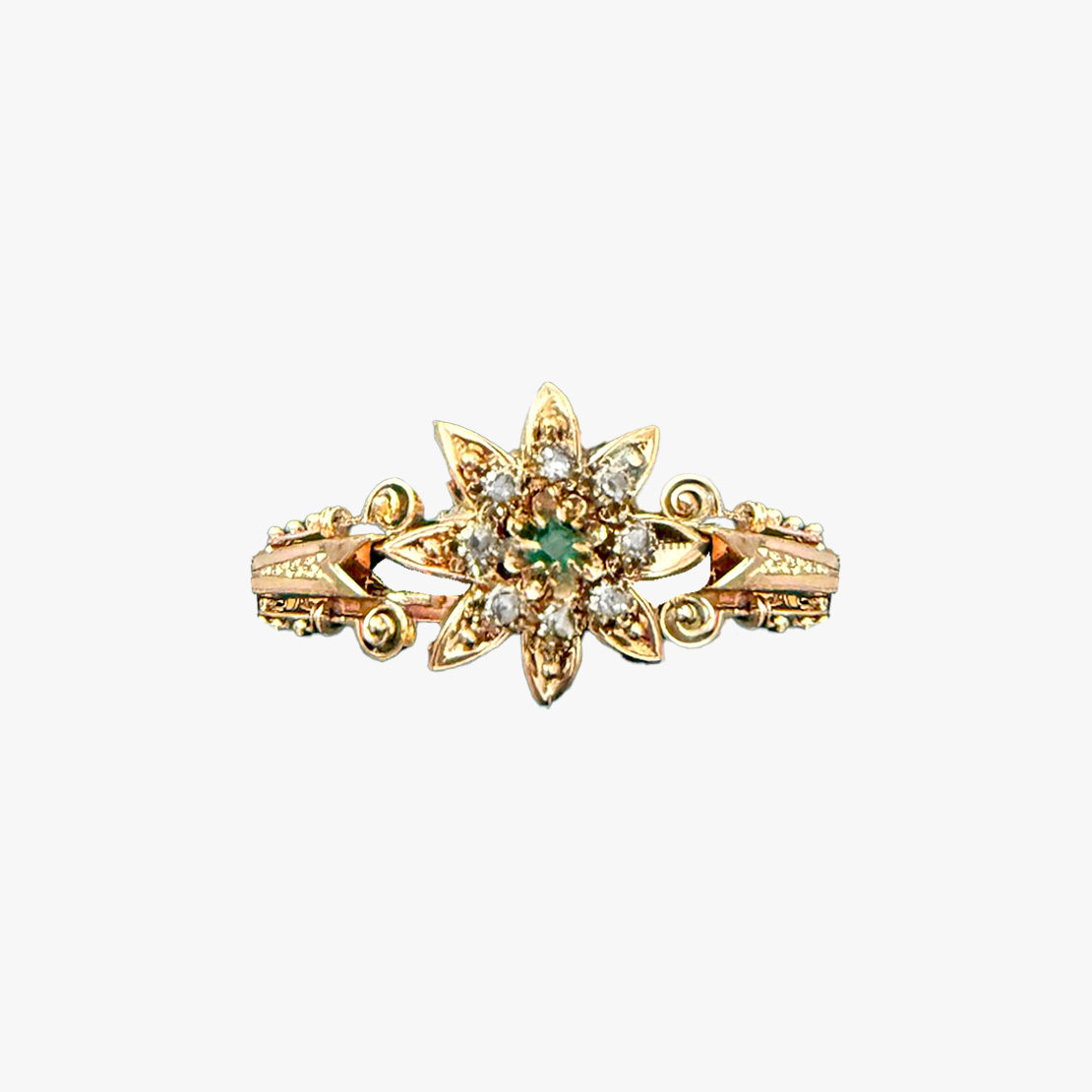 Brățară fixă din aur roz, în manieră Victoriană, decorată cu diamante și smarald 