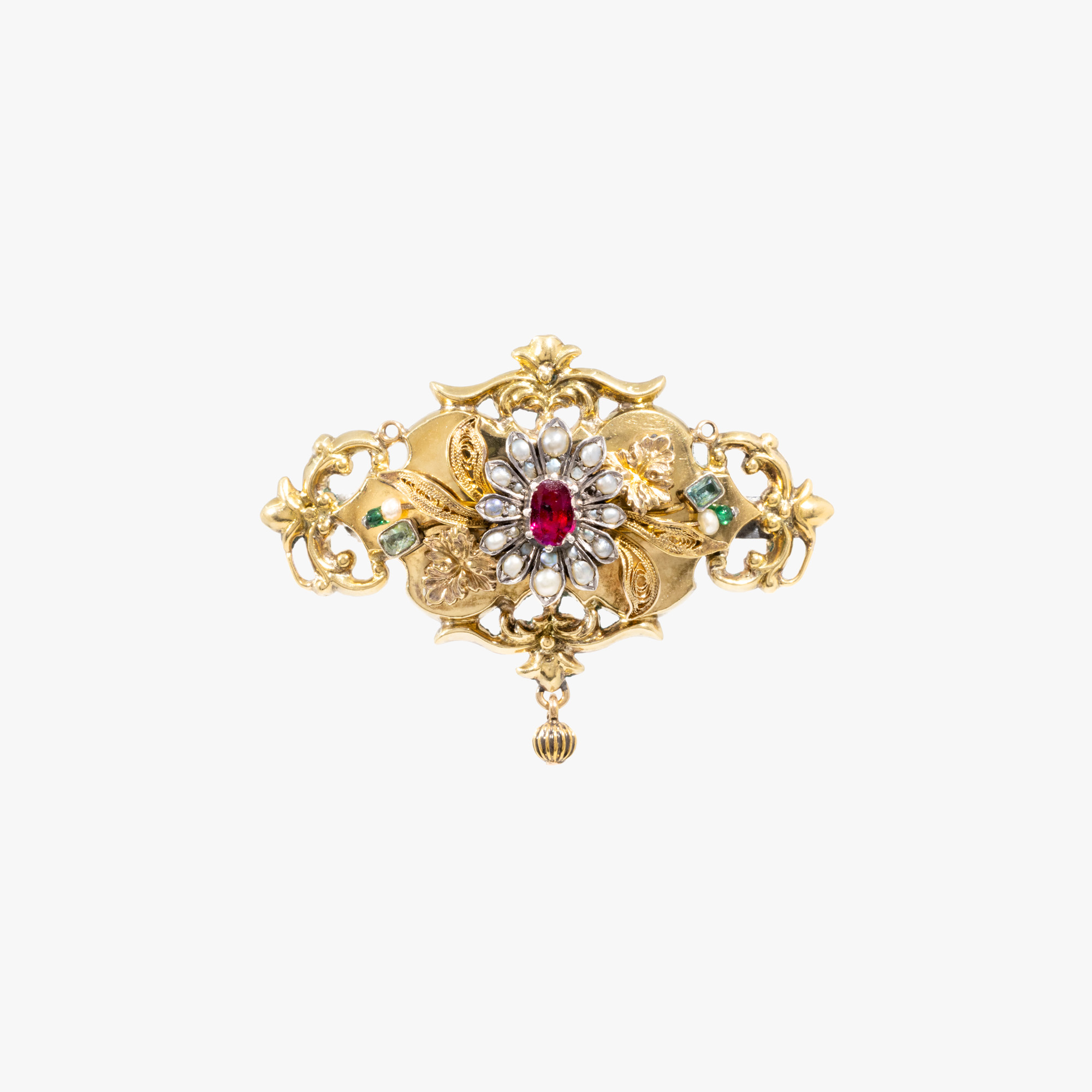 Broșă din aur, cu decor floral, ornată cu rubin, perle acvamarine și smaralde, cca. 1880